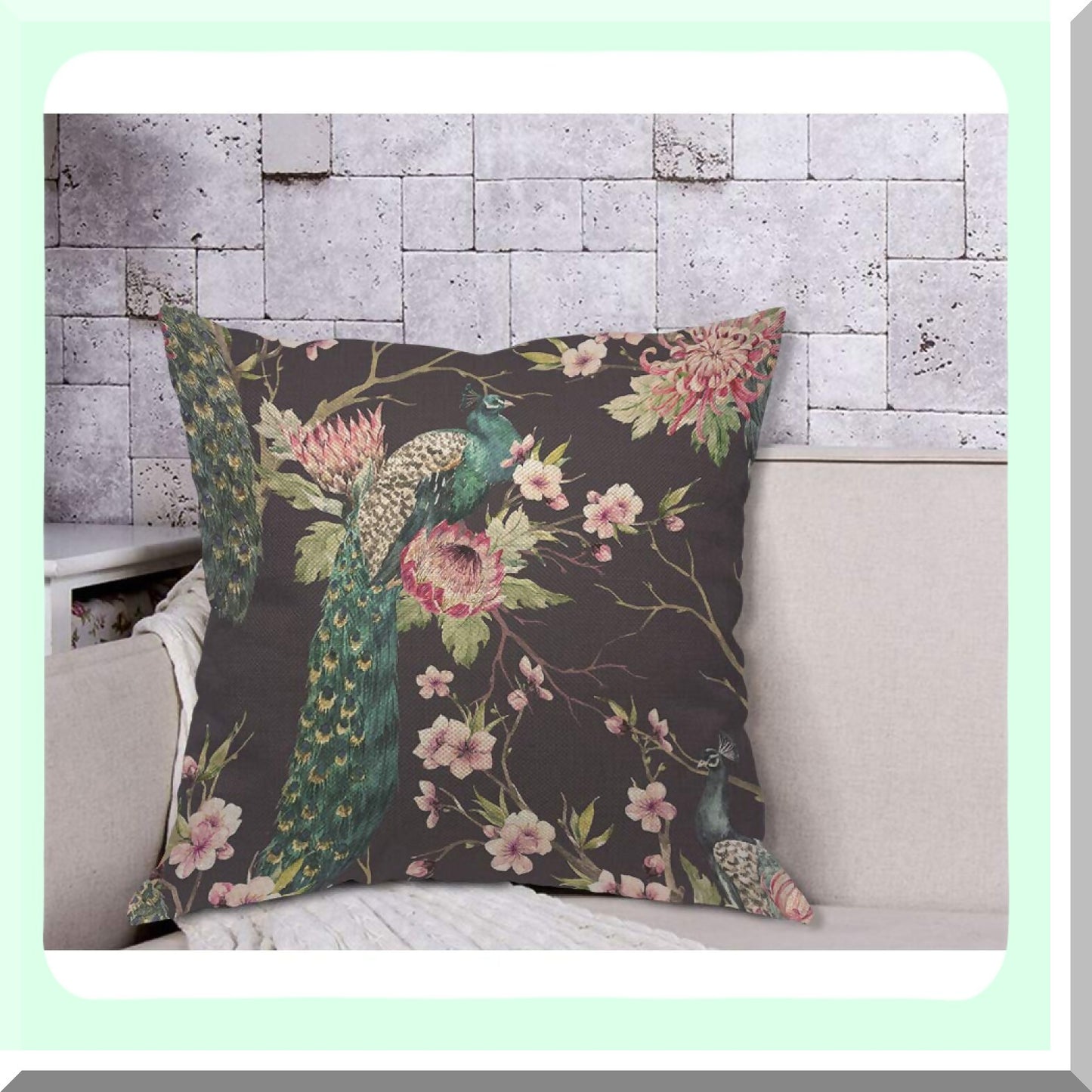 Cherry Blossom Peacock Wings Pillow Cover - Floral Botanical Decorative Cushion Case for Home Couch Bed - 18x18 Inch Cotton Linen Square
