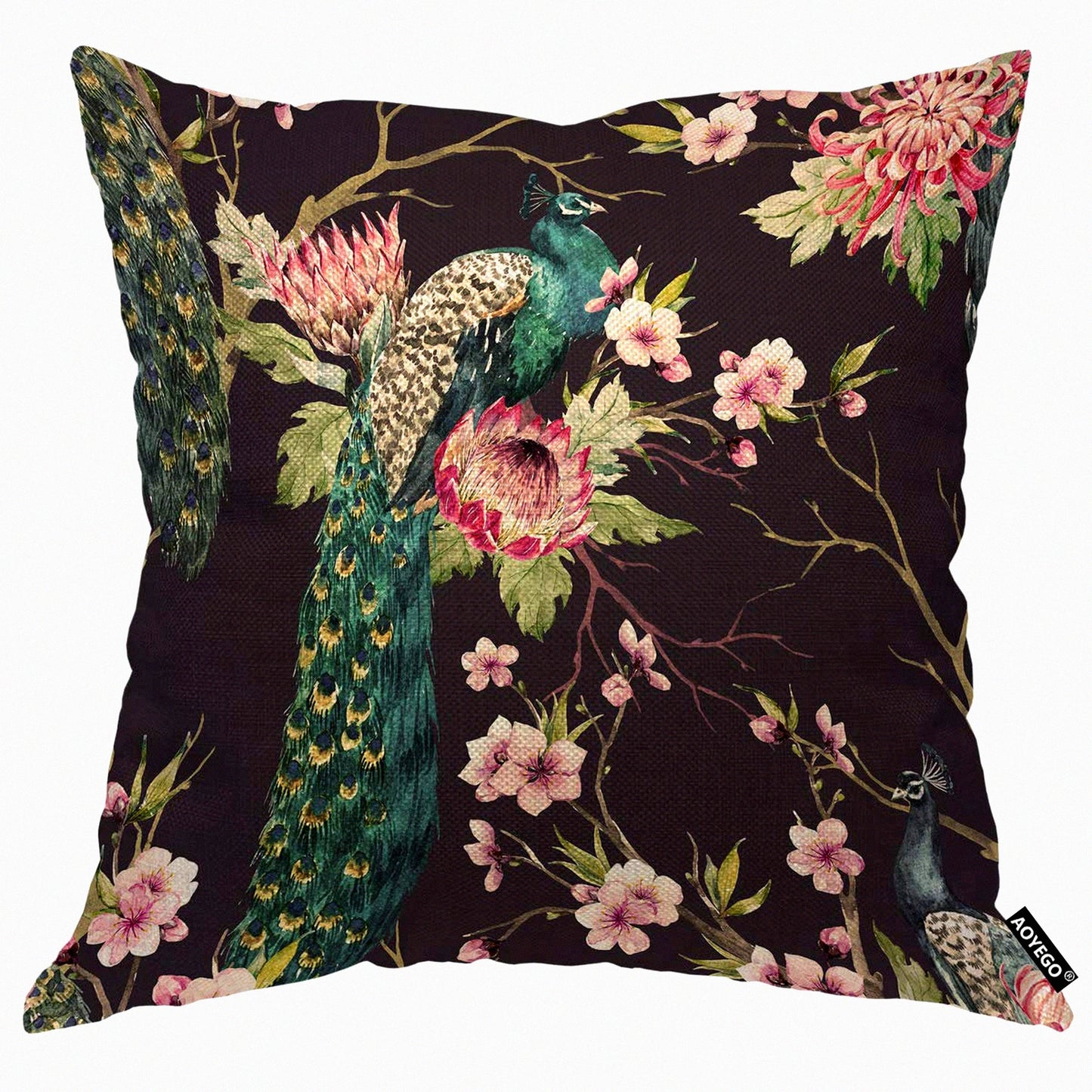 Cherry Blossom Peacock Wings Pillow Cover - Floral Botanical Decorative Cushion Case for Home Couch Bed - 18x18 Inch Cotton Linen Square