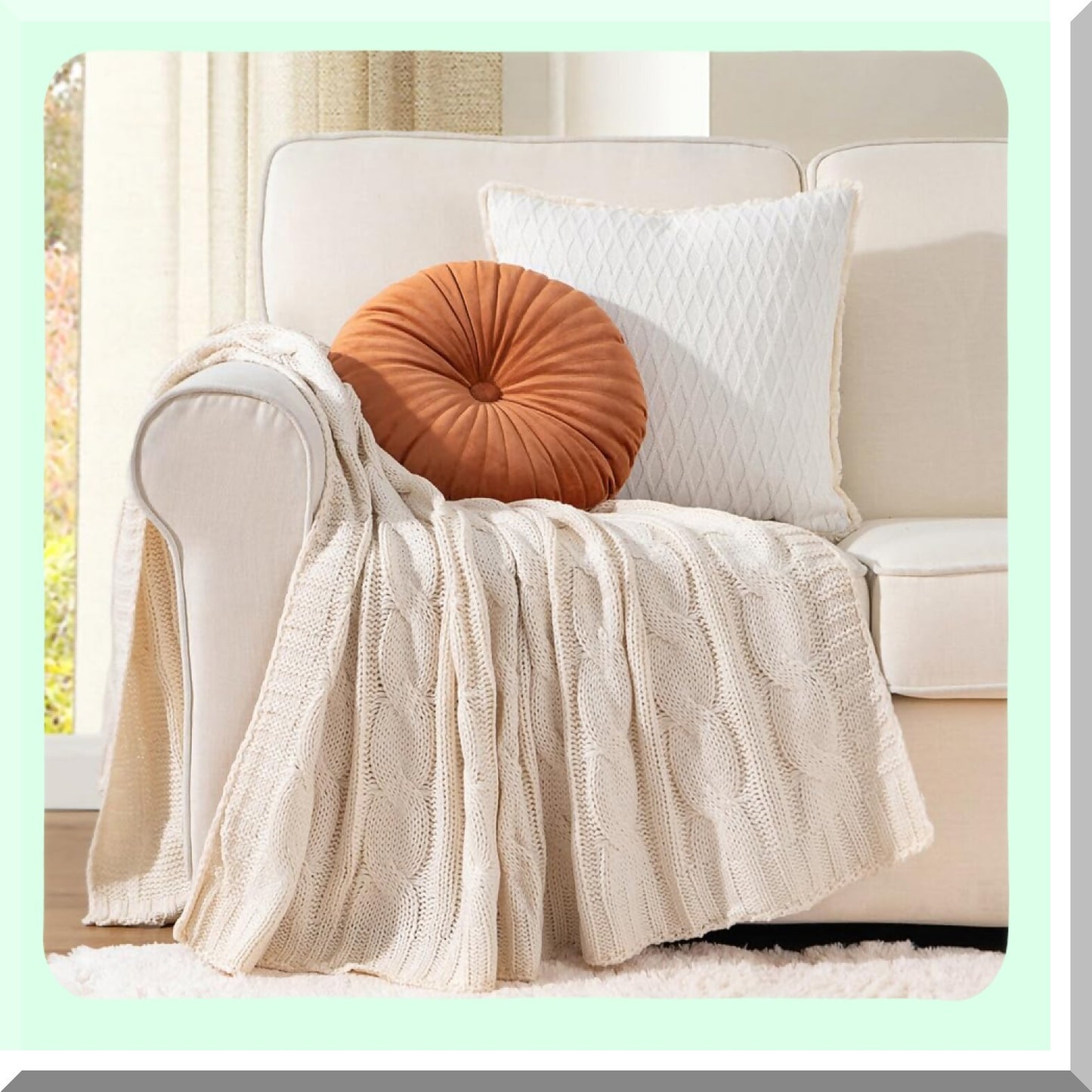 CozyCable Ivory Knit Throw - Super Soft, Warm & Decorative Blanket for Couch, Bed, Sofa, or Chair (50"x60")"