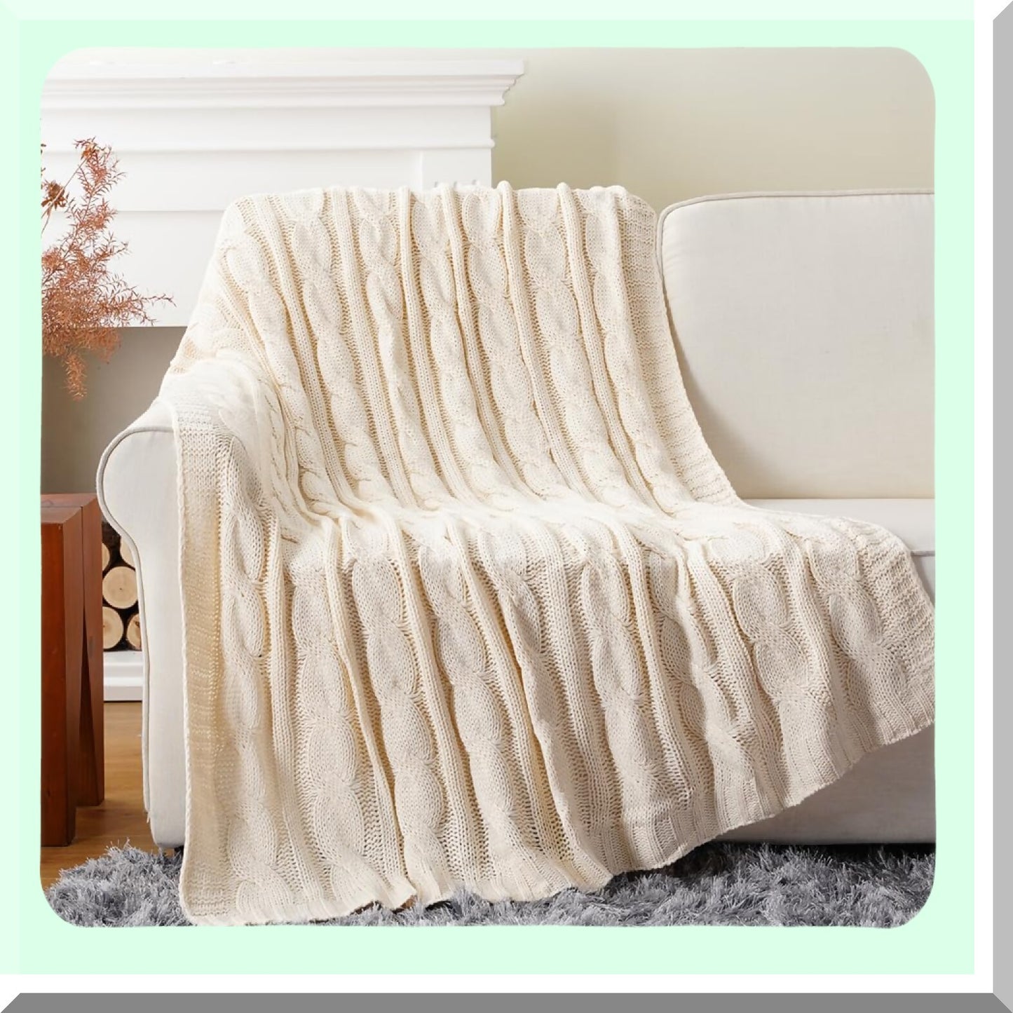 CozyCable Ivory Knit Throw - Super Soft, Warm & Decorative Blanket for Couch, Bed, Sofa, or Chair (50"x60")"