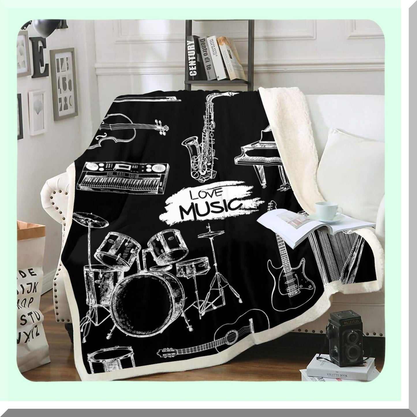 MelodyCozy Music-Themed Sherpa Blanket - Warm Plush Fleece Throw for Sofa & Couch - Black & White Musical Pattern - 50"x60""