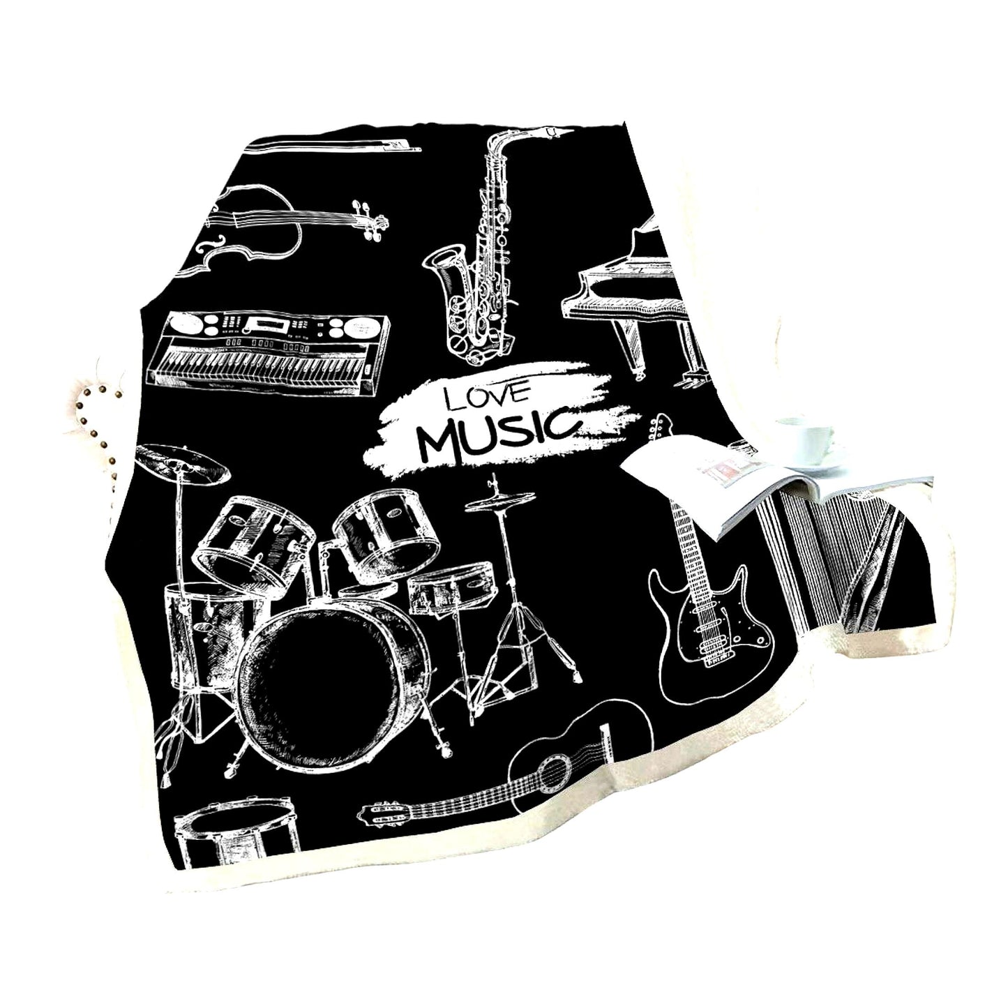 MelodyCozy Music-Themed Sherpa Blanket - Warm Plush Fleece Throw for Sofa & Couch - Black & White Musical Pattern - 50"x60""