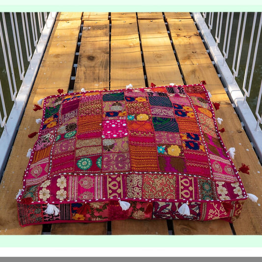 Boho Patchwork Embroidered Floor Cushion - Vintage Dog Cat Meditation Pillow - 35x35 Inches - Cotton Seating Pouf Cover - Pet Bedding Home Decor