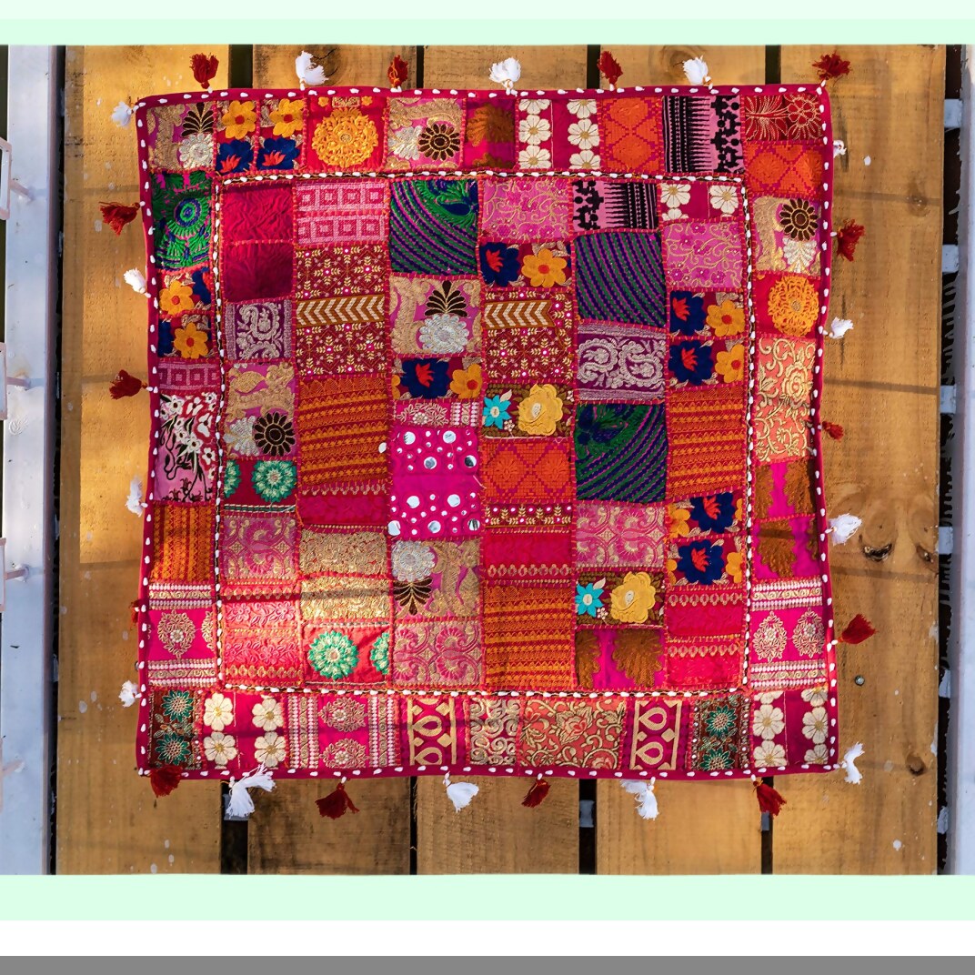Boho Patchwork Embroidered Floor Cushion - Vintage Dog Cat Meditation Pillow - 35x35 Inches - Cotton Seating Pouf Cover - Pet Bedding Home Decor