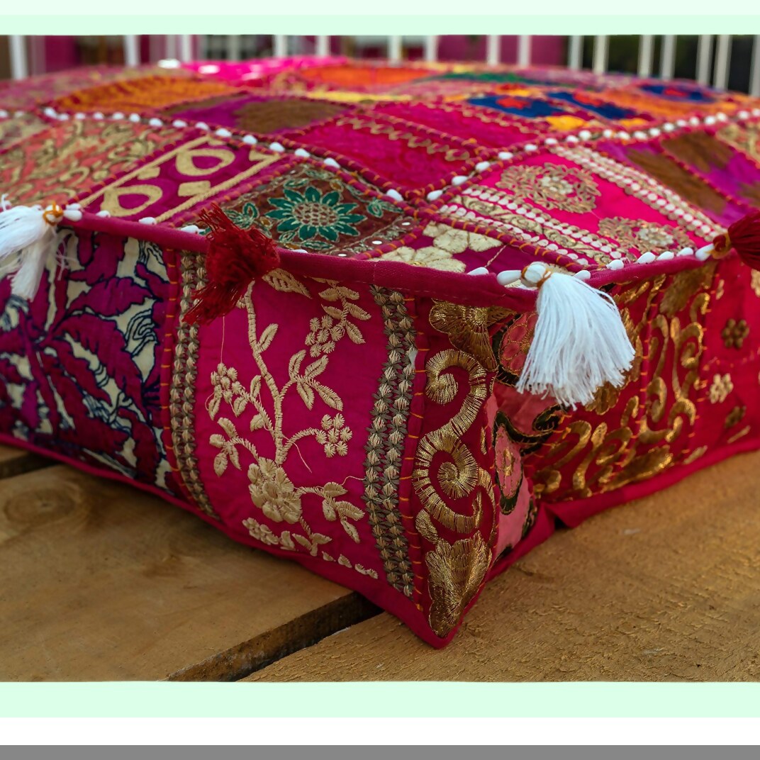 Boho Patchwork Embroidered Floor Cushion - Vintage Dog Cat Meditation Pillow - 35x35 Inches - Cotton Seating Pouf Cover - Pet Bedding Home Decor