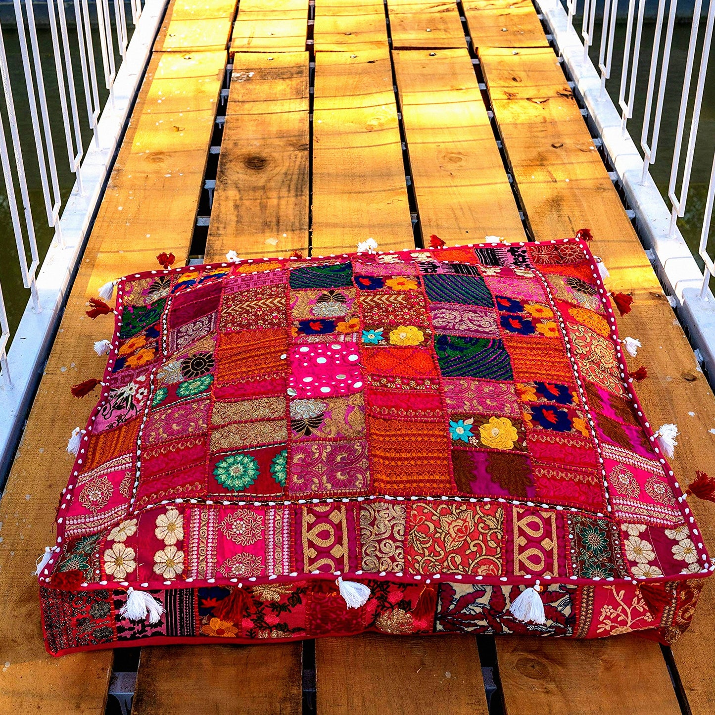 Boho Patchwork Embroidered Floor Cushion - Vintage Dog Cat Meditation Pillow - 35x35 Inches - Cotton Seating Pouf Cover - Pet Bedding Home Decor