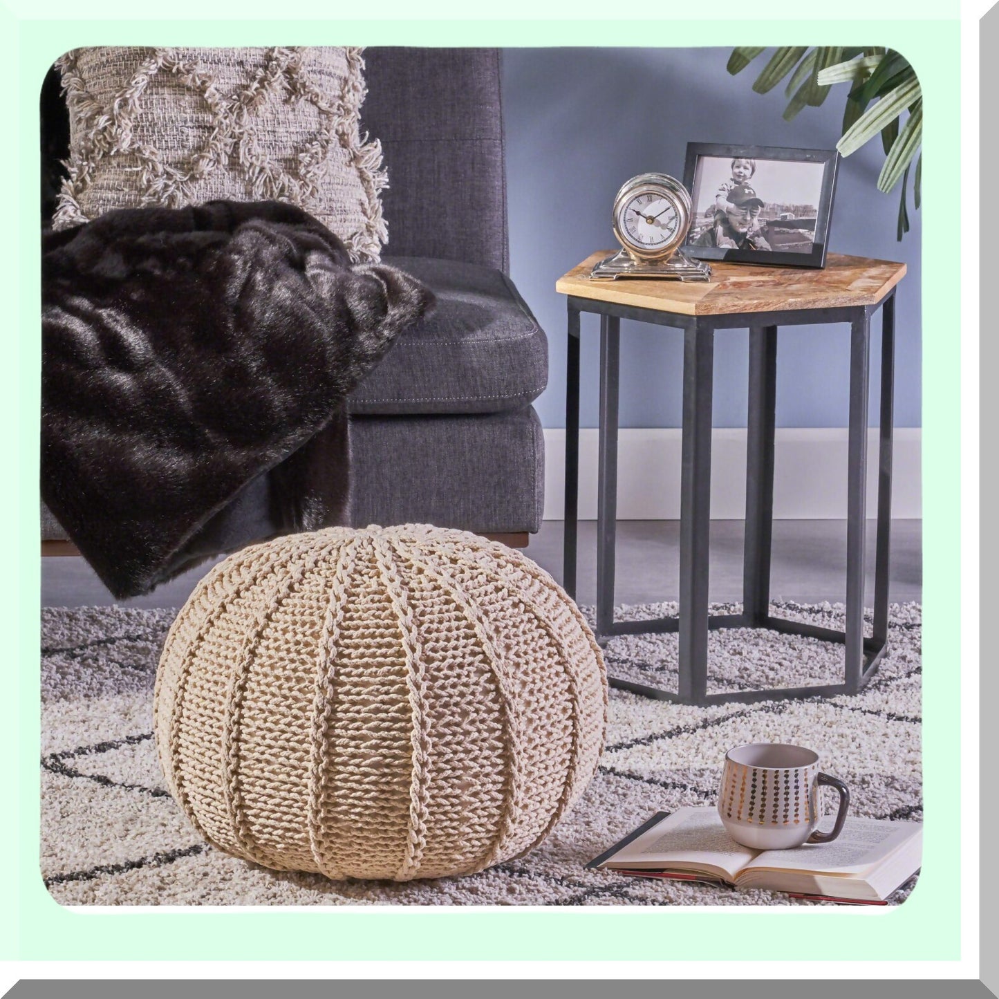 CozyKnit Cotton Pouf - Beige Small: Handcrafted from soft cotton, this knitted pouf adds a touch of warmth and comfort to any space. Perfect for lounging or as a footrest.