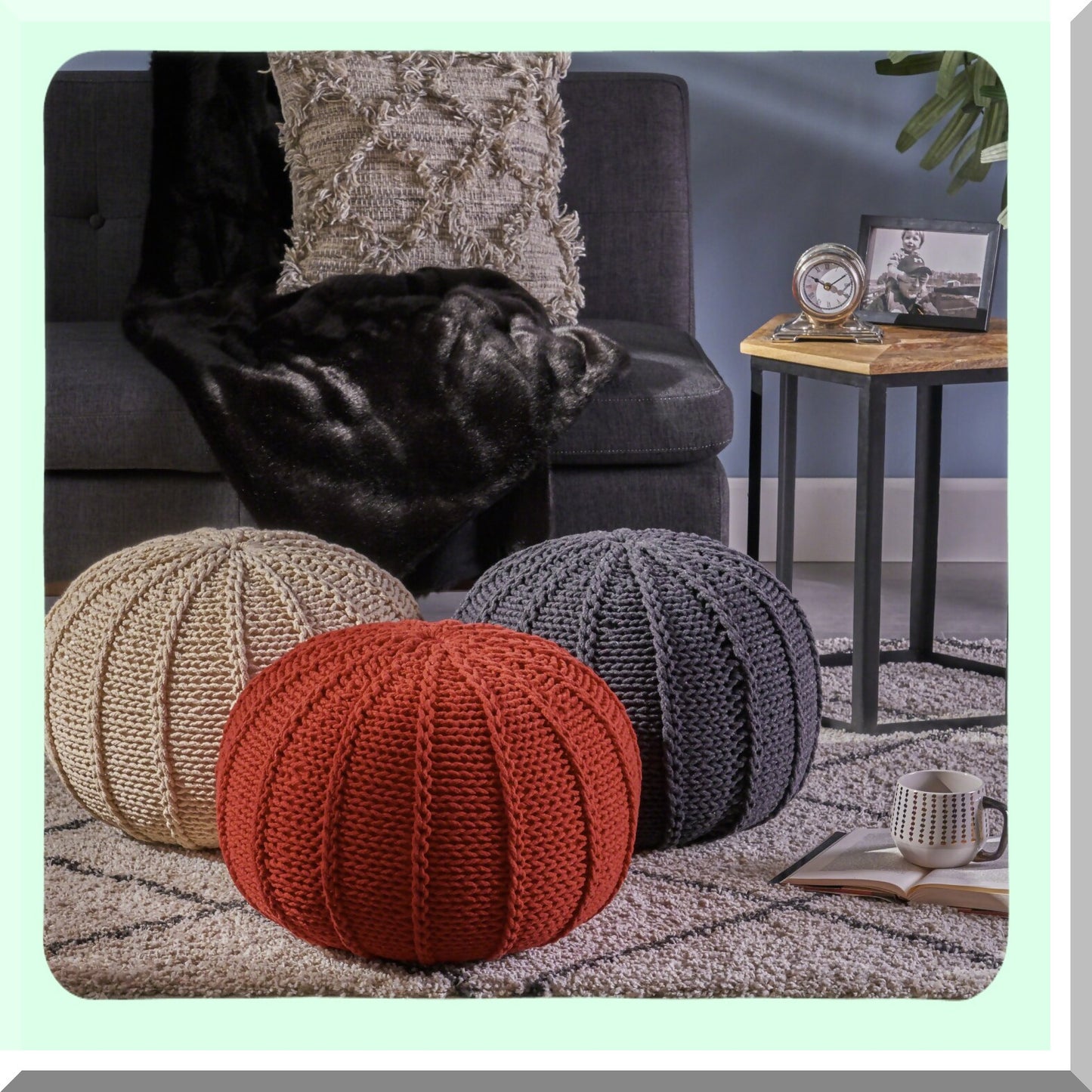 CozyKnit Cotton Pouf - Beige Small: Handcrafted from soft cotton, this knitted pouf adds a touch of warmth and comfort to any space. Perfect for lounging or as a footrest.