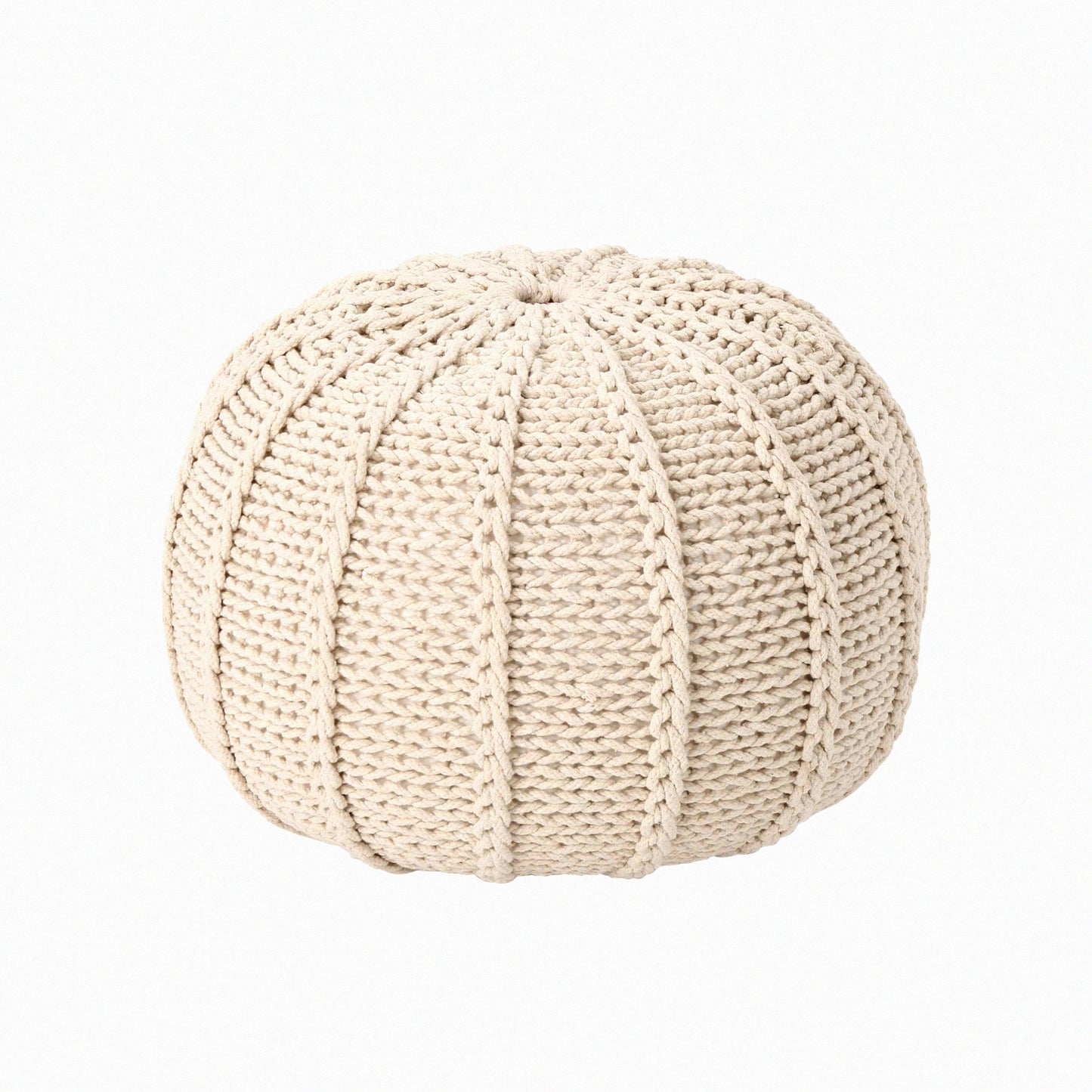 CozyKnit Cotton Pouf - Beige Small: Handcrafted from soft cotton, this knitted pouf adds a touch of warmth and comfort to any space. Perfect for lounging or as a footrest.