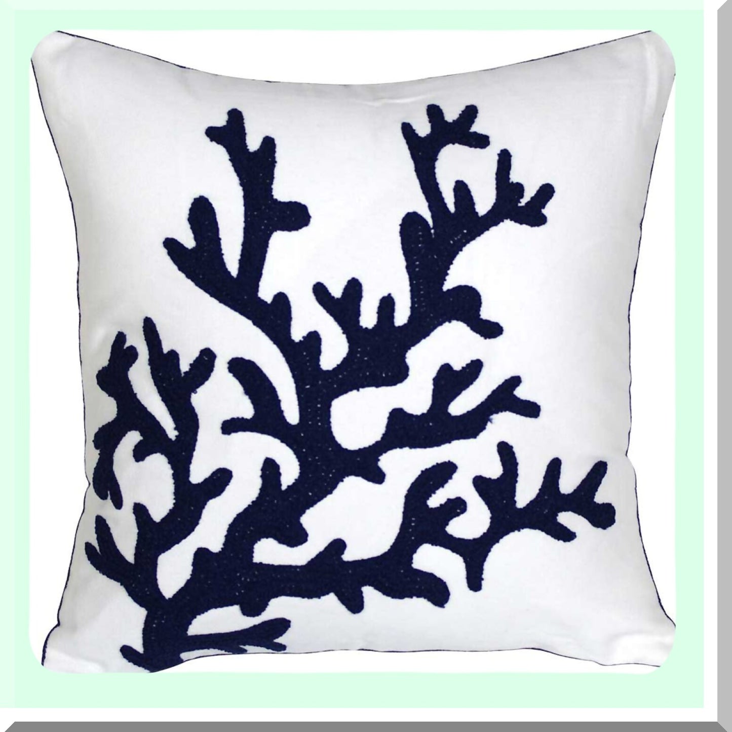Nautical Embroidered Canvas Pillow - Coastal Decor Square 18" Cover for Navy Coral Theme - Decorative Nautical Style Pillow Cover