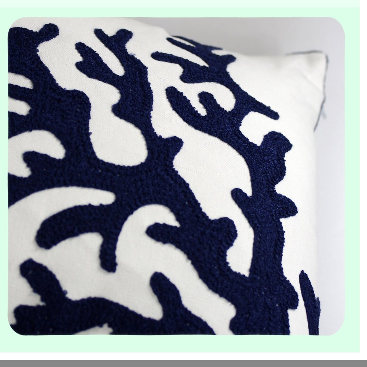 Nautical Embroidered Canvas Pillow - Coastal Decor Square 18" Cover for Navy Coral Theme - Decorative Nautical Style Pillow Cover