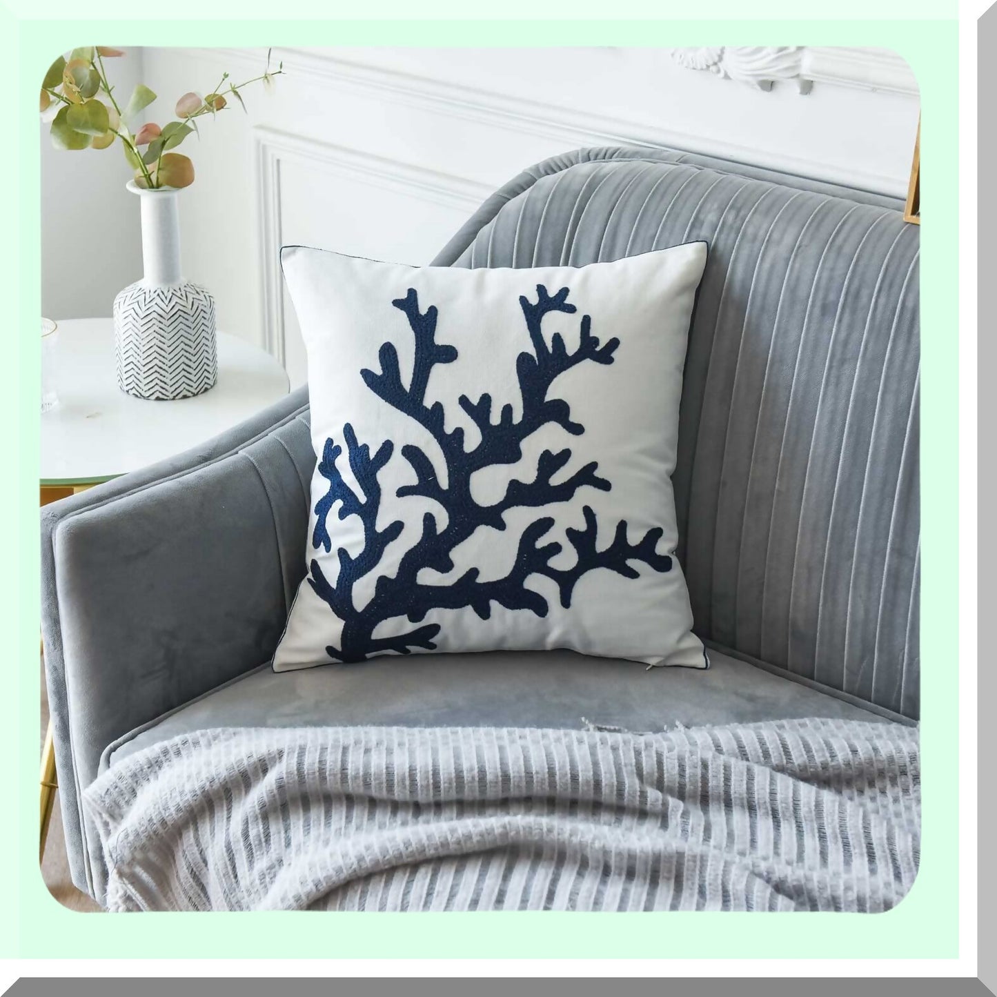 Nautical Embroidered Canvas Pillow - Coastal Decor Square 18" Cover for Navy Coral Theme - Decorative Nautical Style Pillow Cover