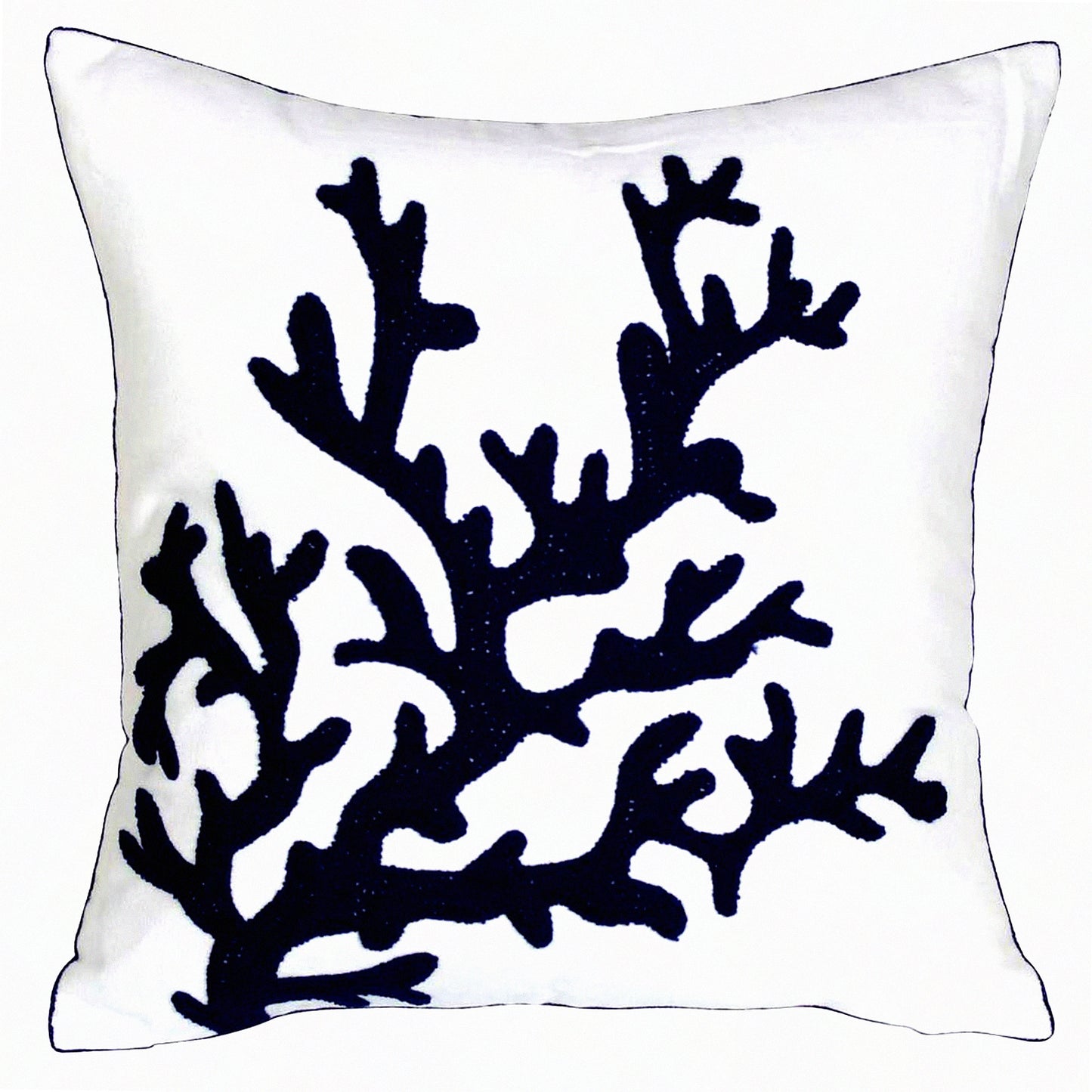 Nautical Embroidered Canvas Pillow - Coastal Decor Square 18" Cover for Navy Coral Theme - Decorative Nautical Style Pillow Cover