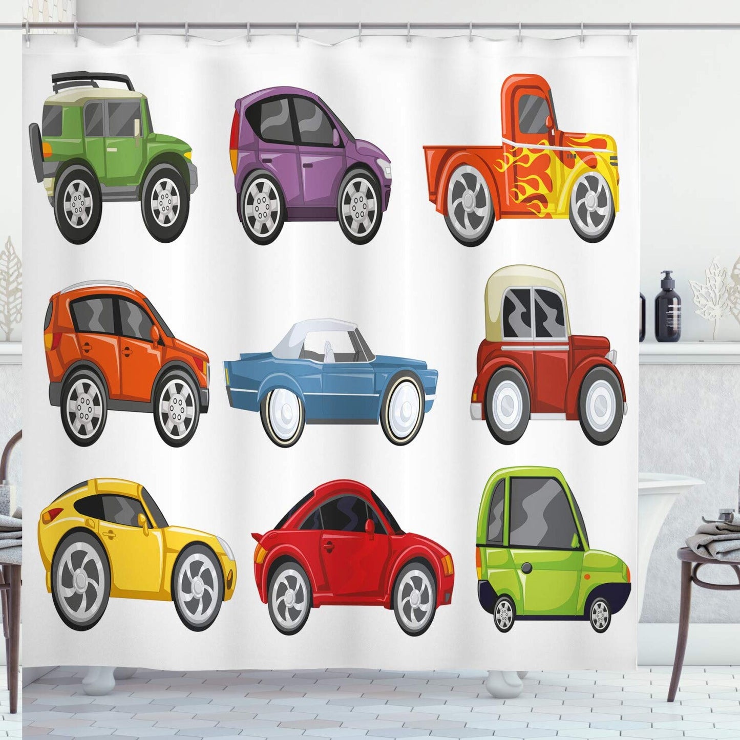Cartoon Race Cars Shower Curtain 69x75 Inches