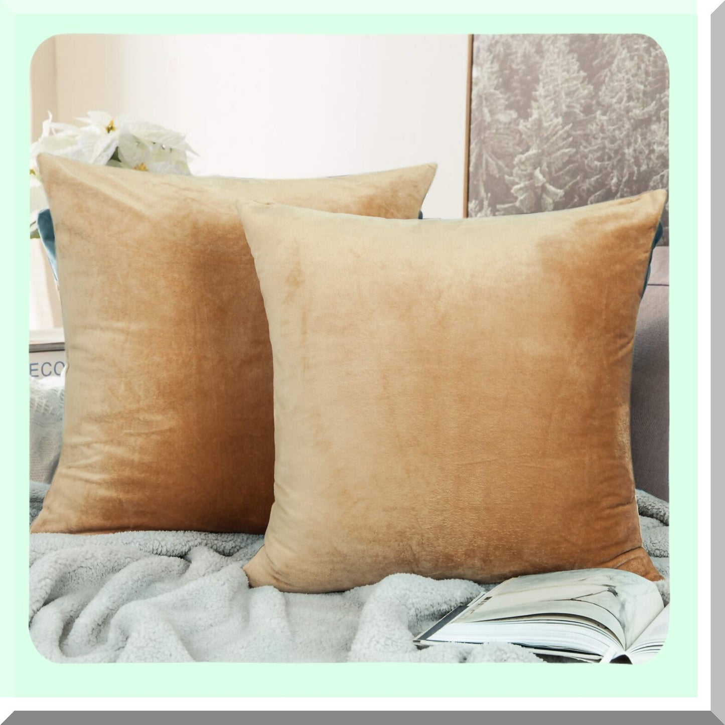 Luxury Velvet Euro Pillow Covers - 2 Pack Square Zippered Throw Cushion Cases for Sofa & Couch - Super Soft 18x18 Inches - Camel Color