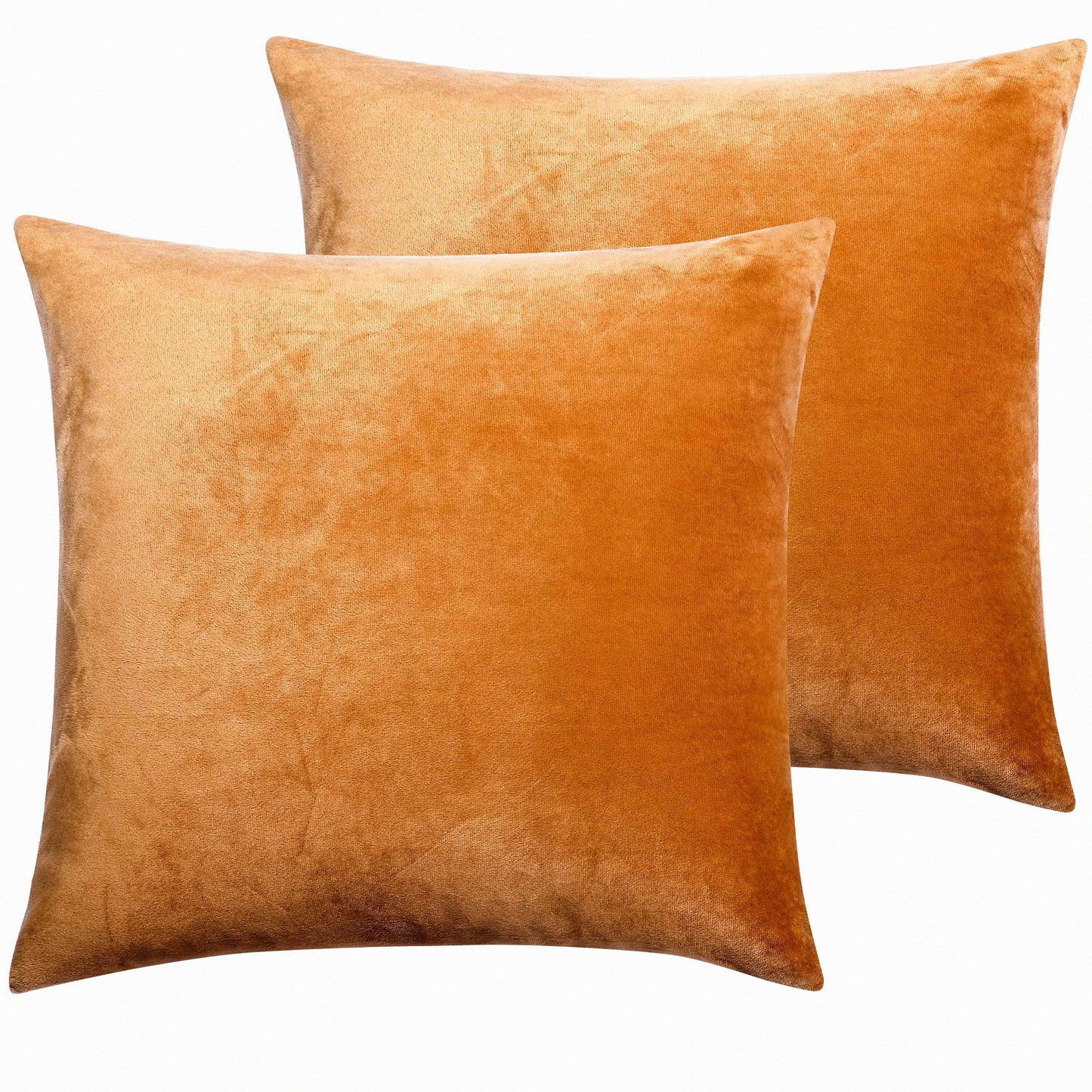 Luxury Velvet Euro Pillow Covers - 2 Pack Square Zippered Throw Cushion Cases for Sofa & Couch - Super Soft 18x18 Inches - Camel Color