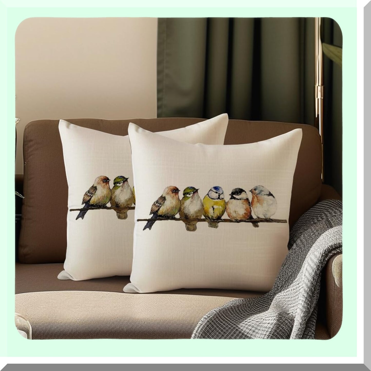 Birdsong Watercolor Pillowcases - Set of 2 Decorative Throw Pillows 18x18, Hand-Painted Rustic Birds Square Cushion Covers, Colorful Spring Summer Home Decor for Couch Sofa Outdoor