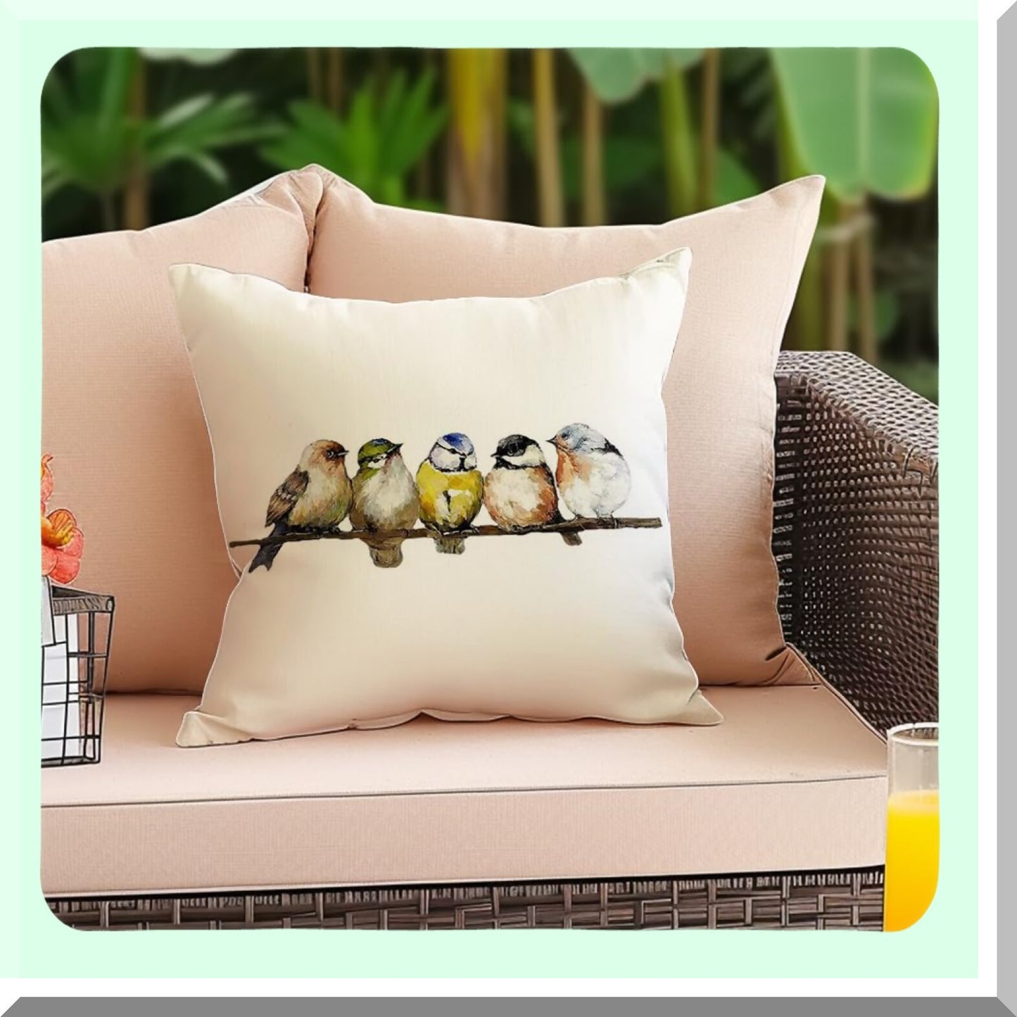 Birdsong Watercolor Pillowcases - Set of 2 Decorative Throw Pillows 18x18, Hand-Painted Rustic Birds Square Cushion Covers, Colorful Spring Summer Home Decor for Couch Sofa Outdoor