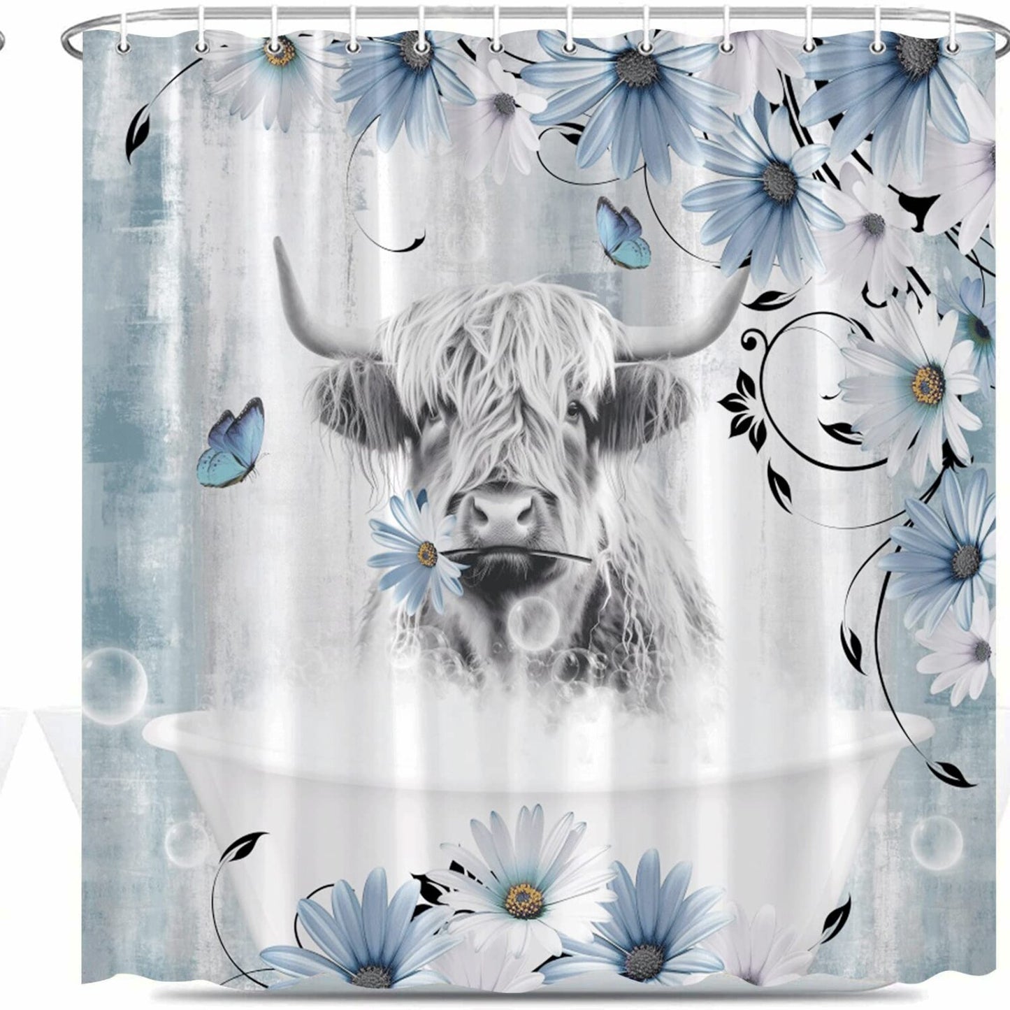 Highland Cow Blue Floral Shower Curtain 70x70 Inch