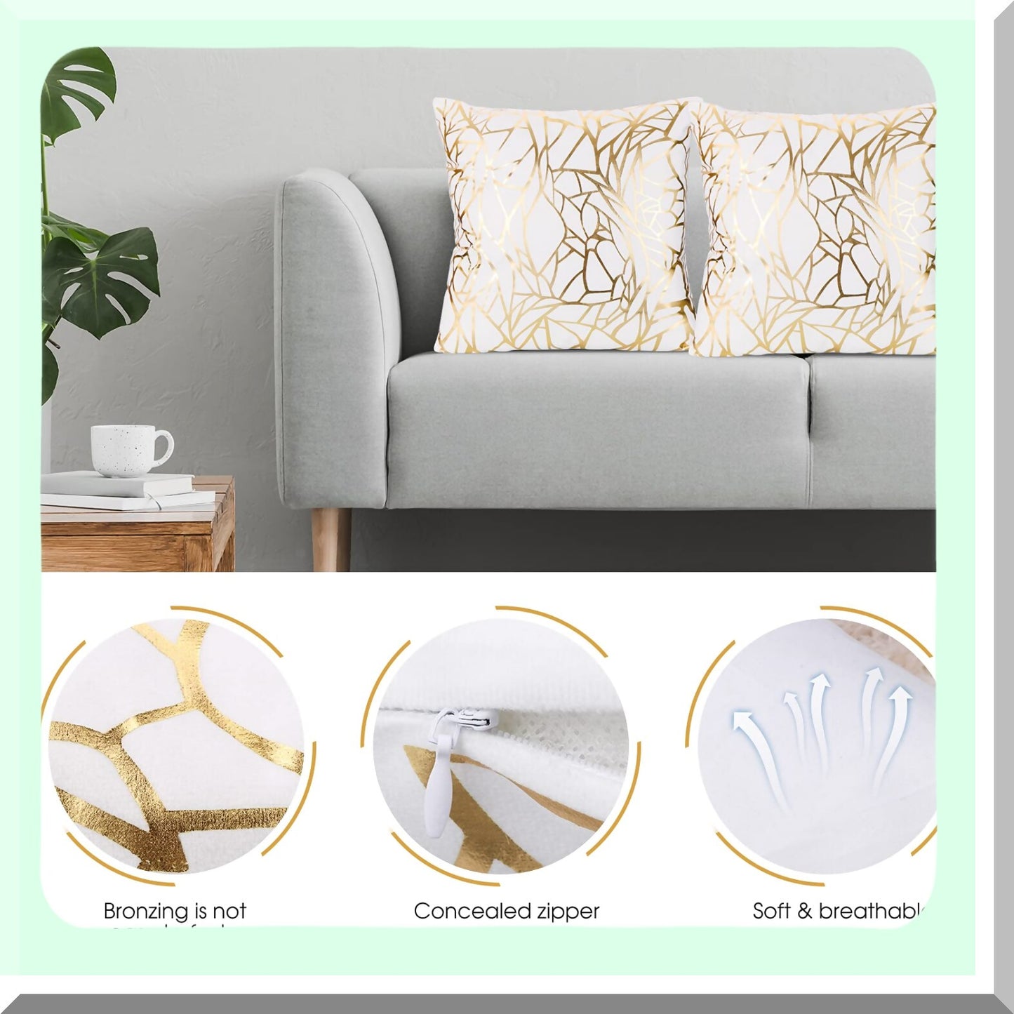 Gold Love Tree Geometric Cushion Covers - Set of 4 | White Square Throw Pillow Cases 18x18 | Super Soft Decorative Sofa Couch Patio Irregular