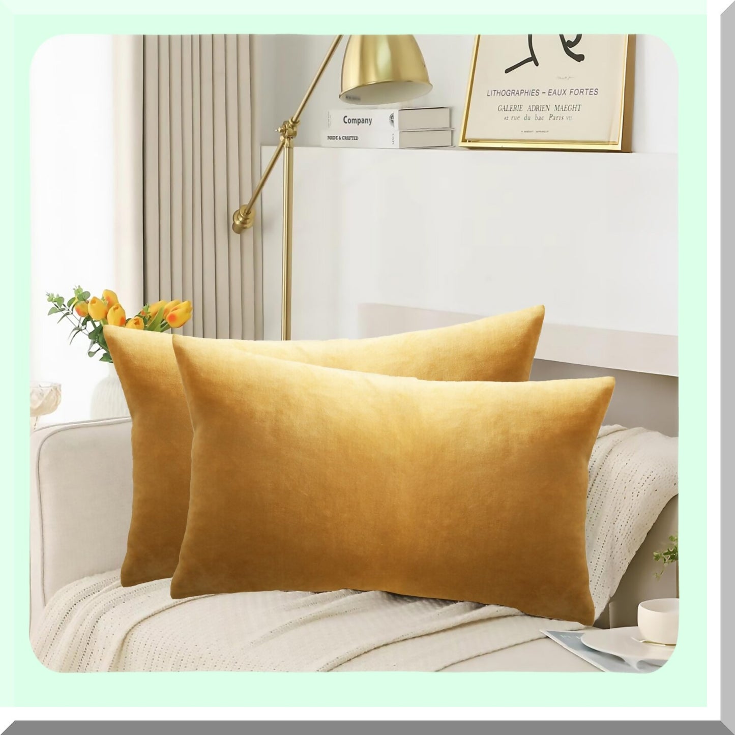 Luxury Gold Velvet Lumbar Pillow Cover - Cozy Bolster Cushion for Couch, Bedroom, Sofa, Car - Soft Cotton Velvet Decorative Throw Pillowcase with Natural Linen Reverse - 12x20 Yellow Gold