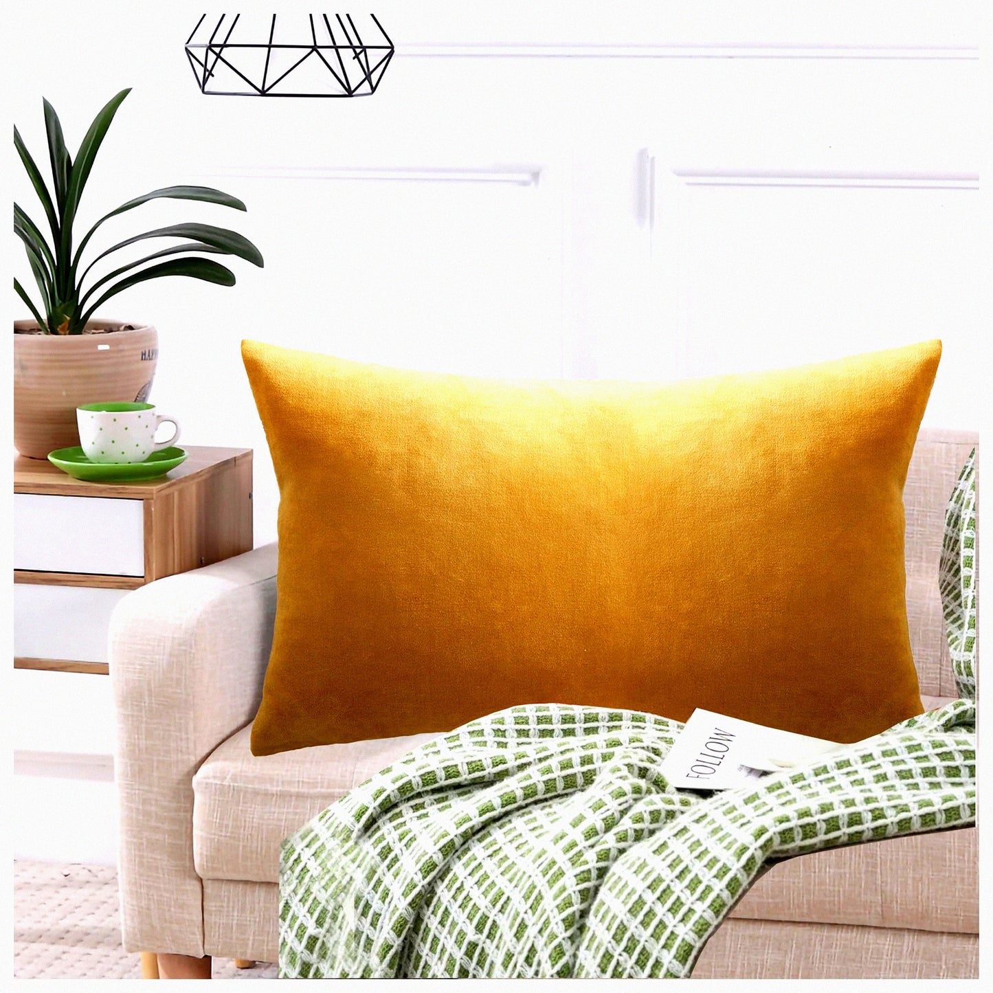 Luxury Gold Velvet Lumbar Pillow Cover - Cozy Bolster Cushion for Couch, Bedroom, Sofa, Car - Soft Cotton Velvet Decorative Throw Pillowcase with Natural Linen Reverse - 12x20 Yellow Gold