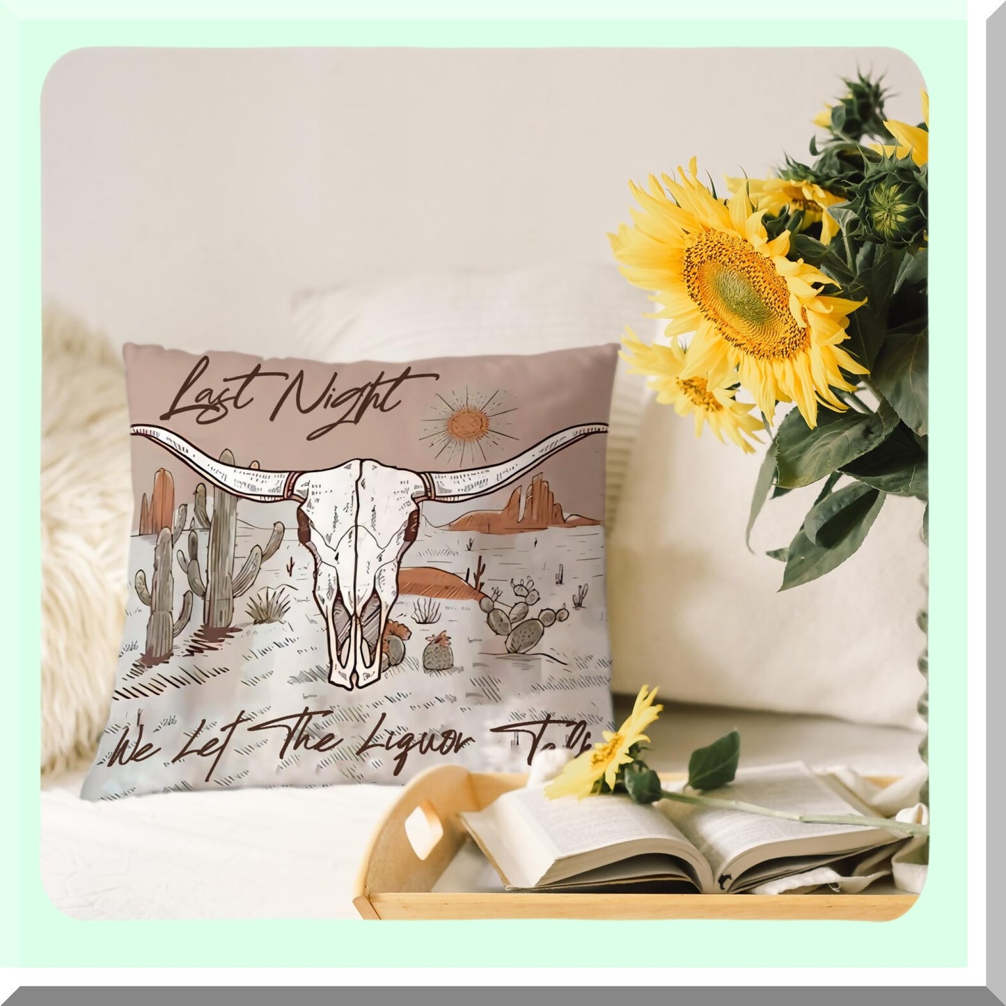 Desert Dream Bull Skull Pillowcase - Western Room Decor 18x18 inch Throw Pillow Cover for Couch Bed Sofa - Gifts for Cowgirls, Cowboys, Women, Men, Teens