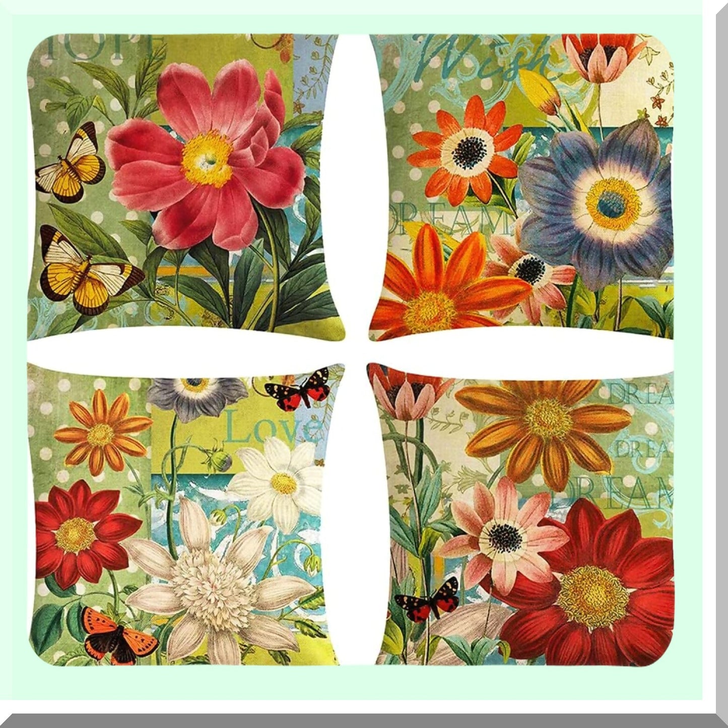 Floral Breeze Summer Pillow Covers - Set of 4, 18x18 Inch Decorative Cushion Cases, Green Theme, Botanical Design, Home Decor Accent