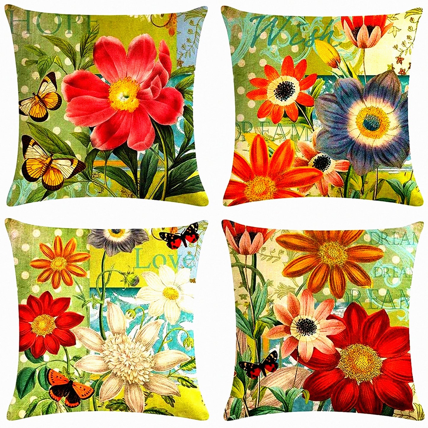 Floral Breeze Summer Pillow Covers - Set of 4, 18x18 Inch Decorative Cushion Cases, Green Theme, Botanical Design, Home Decor Accent