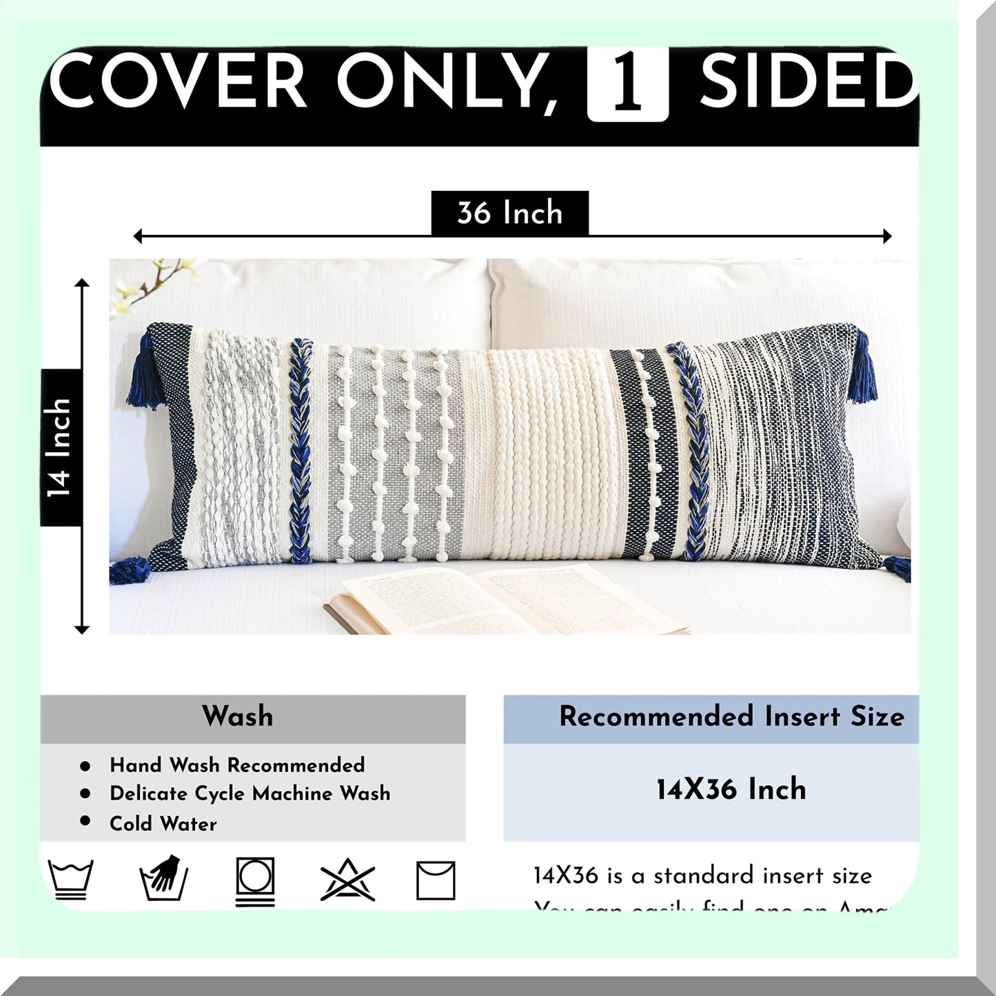 Boho Navy Blue Textured Lumbar Pillow - Long Body Pillow Cover for Bed & Couch - Modern Farmhouse Decorative Accent Throw Pillow Case 14x36