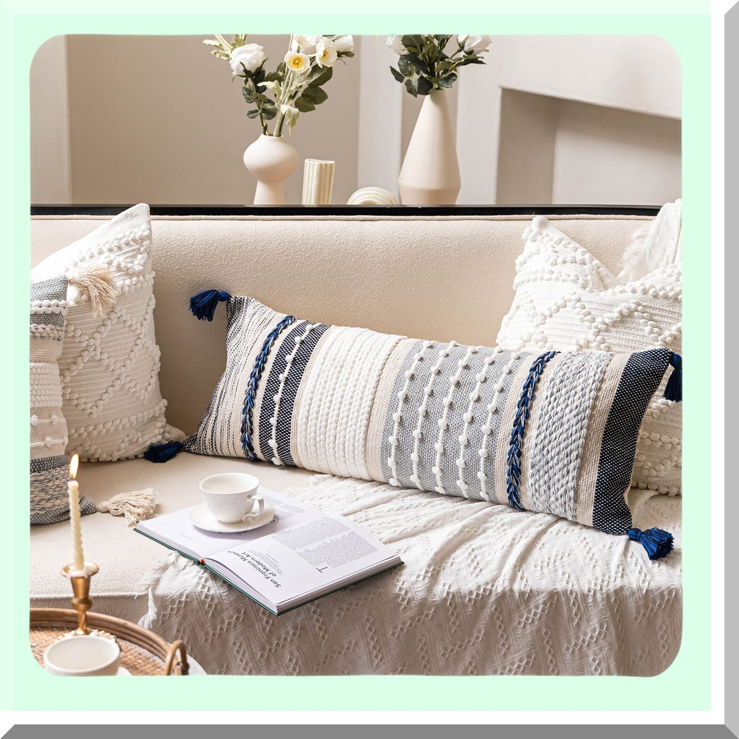 Boho Navy Blue Textured Lumbar Pillow - Long Body Pillow Cover for Bed & Couch - Modern Farmhouse Decorative Accent Throw Pillow Case 14x36