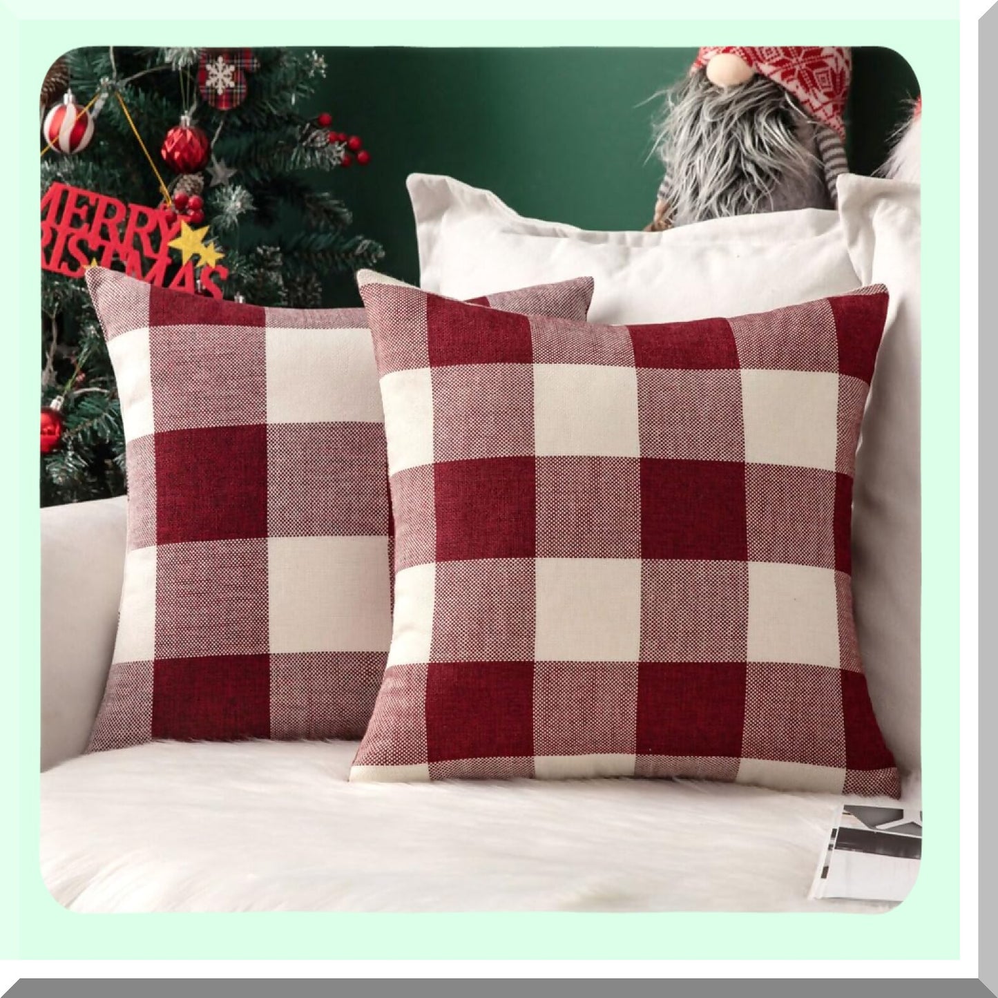 Farmhouse Buffalo Plaid Pillow Covers - Set of 2 Soft Square Throw Cushion Cases for Home Decor, Sofa, Bedroom, Outdoor - 20 x 20 Inch Red & White
