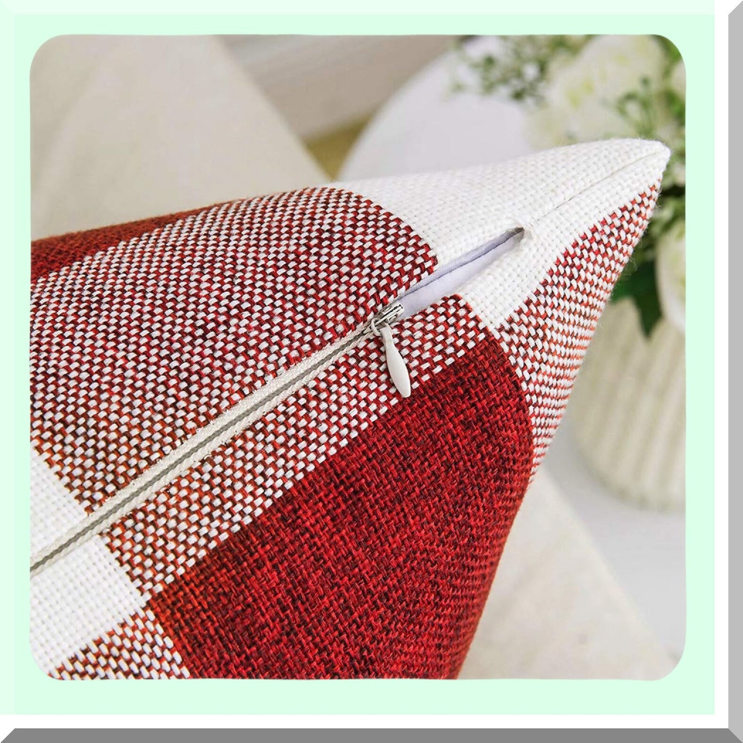 Farmhouse Buffalo Plaid Pillow Covers - Set of 2 Soft Square Throw Cushion Cases for Home Decor, Sofa, Bedroom, Outdoor - 20 x 20 Inch Red & White