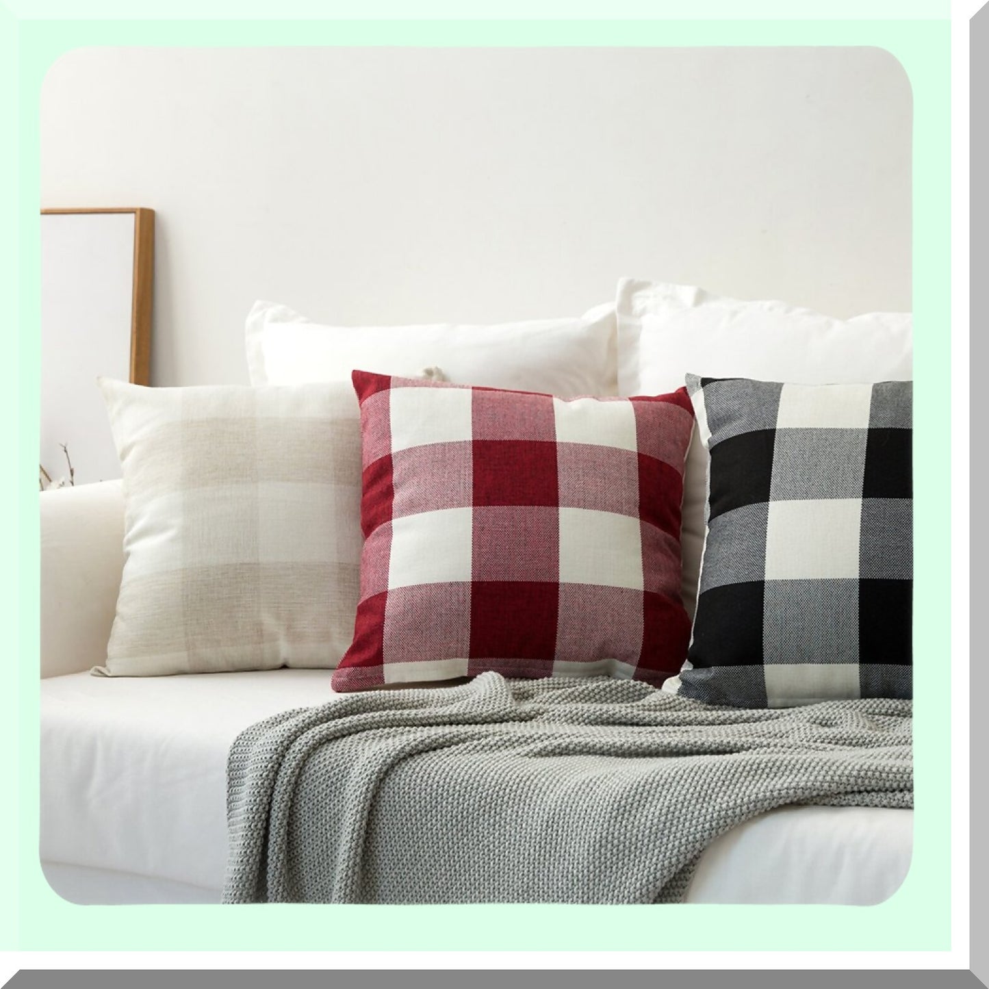 Farmhouse Buffalo Plaid Pillow Covers - Set of 2 Soft Square Throw Cushion Cases for Home Decor, Sofa, Bedroom, Outdoor - 20 x 20 Inch Red & White