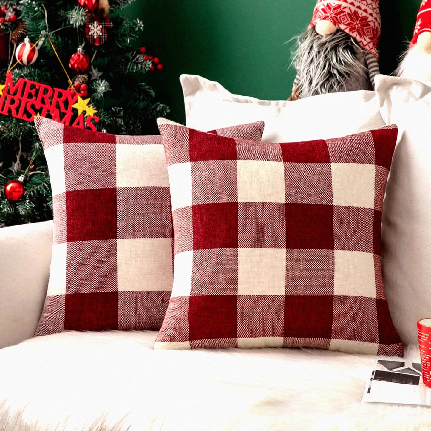 Farmhouse Buffalo Plaid Pillow Covers - Set of 2 Soft Square Throw Cushion Cases for Home Decor, Sofa, Bedroom, Outdoor - 20 x 20 Inch Red & White