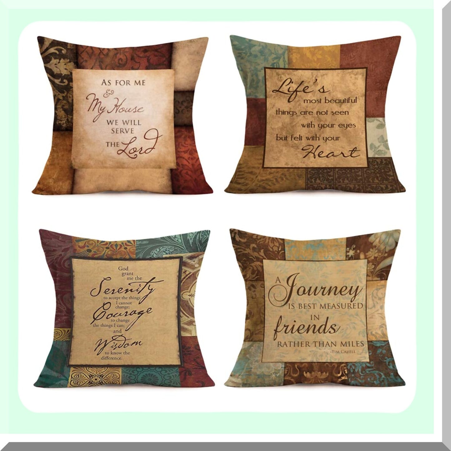 Vintage Quote Linen Pillow Covers - Inspirational Decorative Cushion Cases - Retro Plaid Euro Style Home Set of 4 - 18x18 Inch Pillowcase