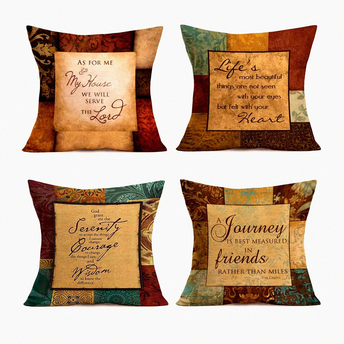 Vintage Quote Linen Pillow Covers - Inspirational Decorative Cushion Cases - Retro Plaid Euro Style Home Set of 4 - 18x18 Inch Pillowcase