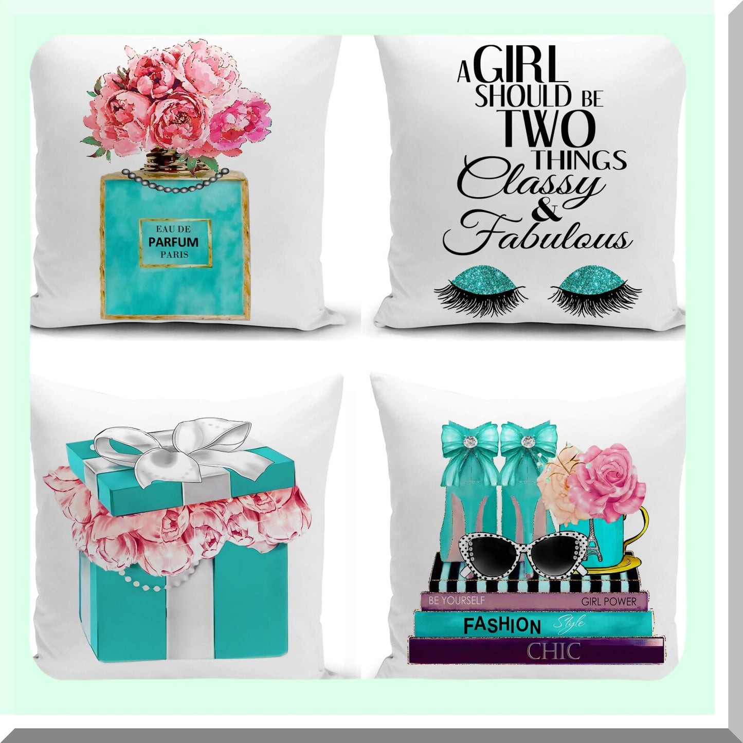 Velvet Teal Flower Perfume Accent Pillow Covers - Set of 4 | Soft Decorative Couch Bed Pillow Covers for Teen Girls Bedroom Decor - 18x18 Cute Fashion Words Lash Pink