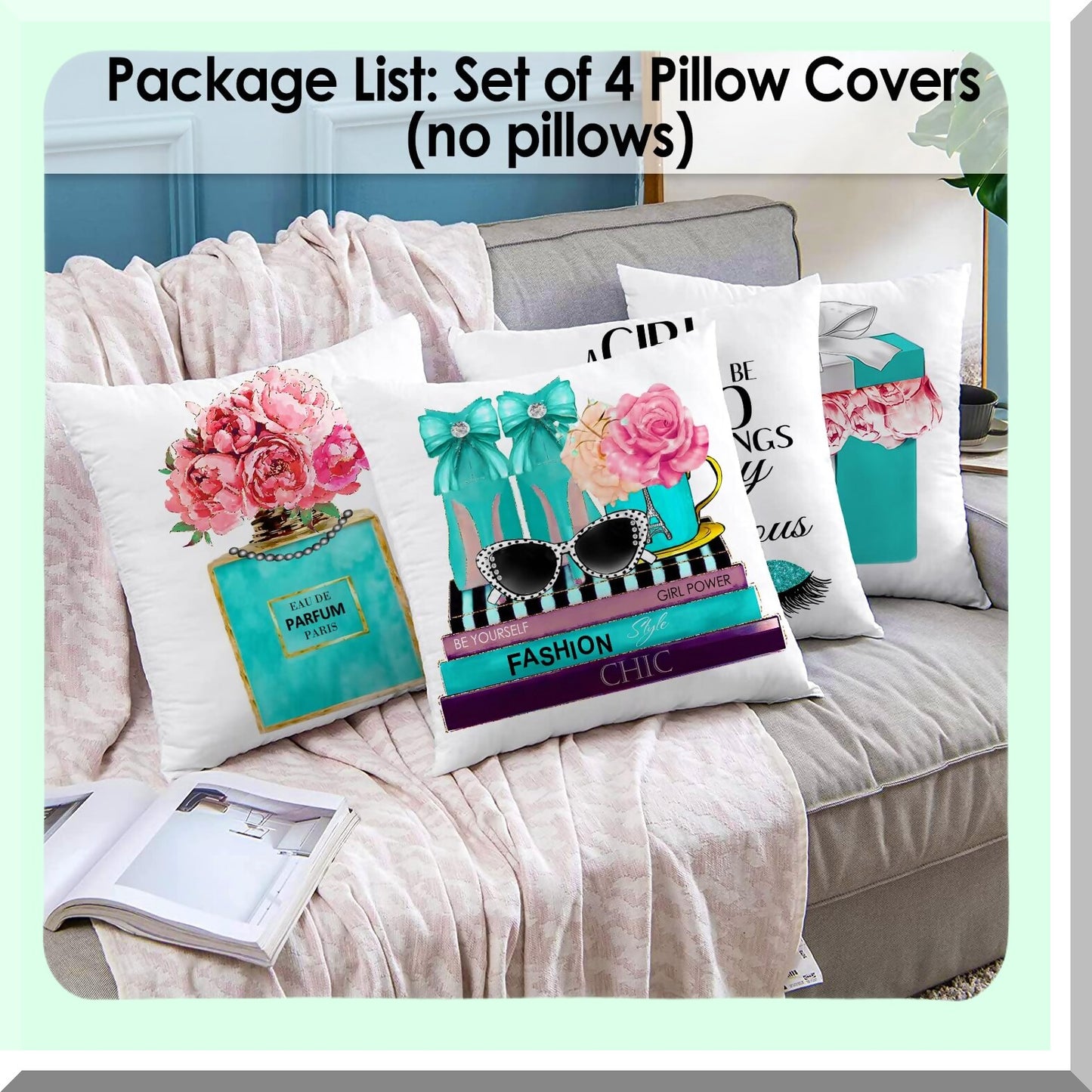 Velvet Teal Flower Perfume Accent Pillow Covers - Set of 4 | Soft Decorative Couch Bed Pillow Covers for Teen Girls Bedroom Decor - 18x18 Cute Fashion Words Lash Pink