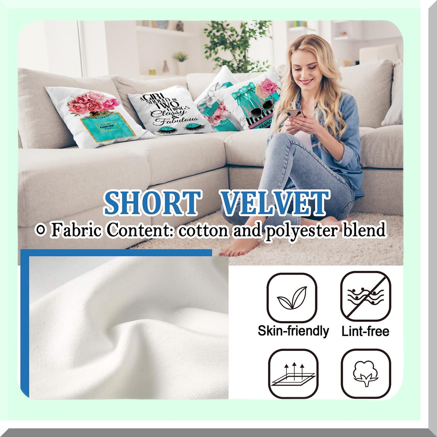 Velvet Teal Flower Perfume Accent Pillow Covers - Set of 4 | Soft Decorative Couch Bed Pillow Covers for Teen Girls Bedroom Decor - 18x18 Cute Fashion Words Lash Pink