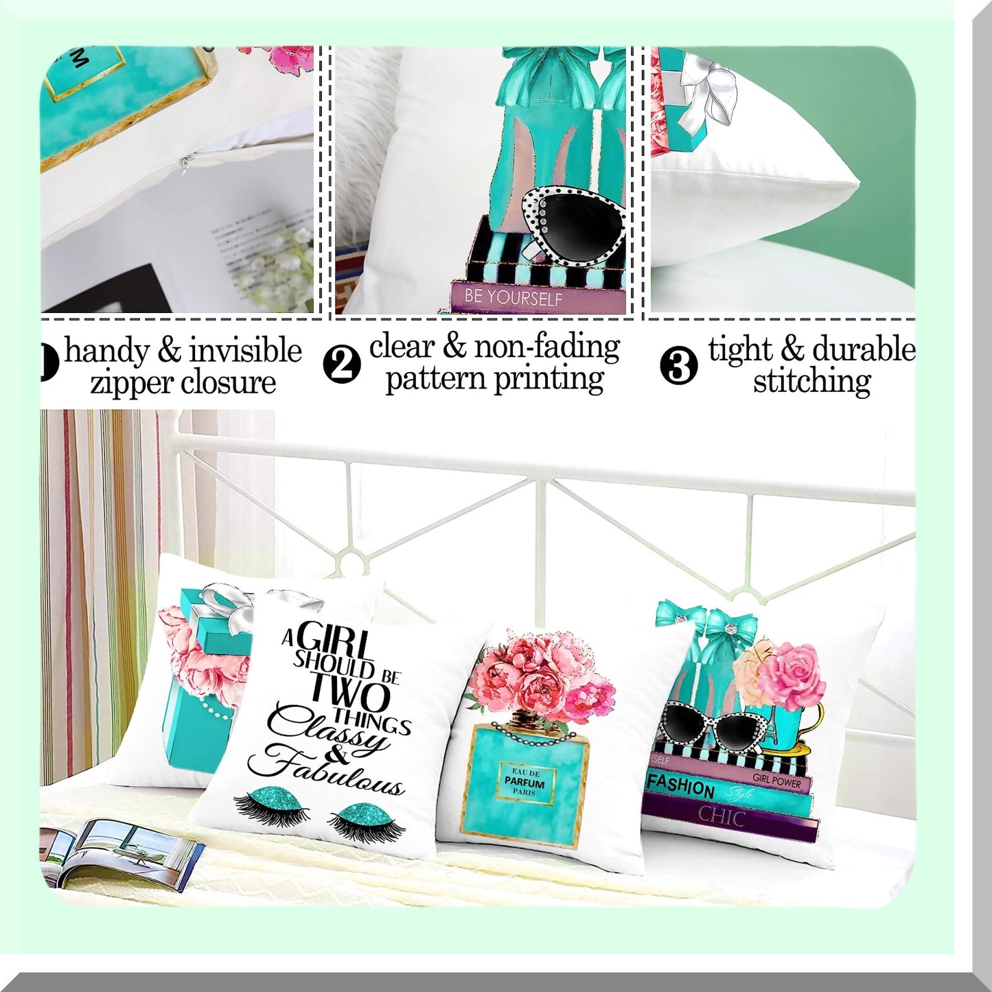 Velvet Teal Flower Perfume Accent Pillow Covers - Set of 4 | Soft Decorative Couch Bed Pillow Covers for Teen Girls Bedroom Decor - 18x18 Cute Fashion Words Lash Pink