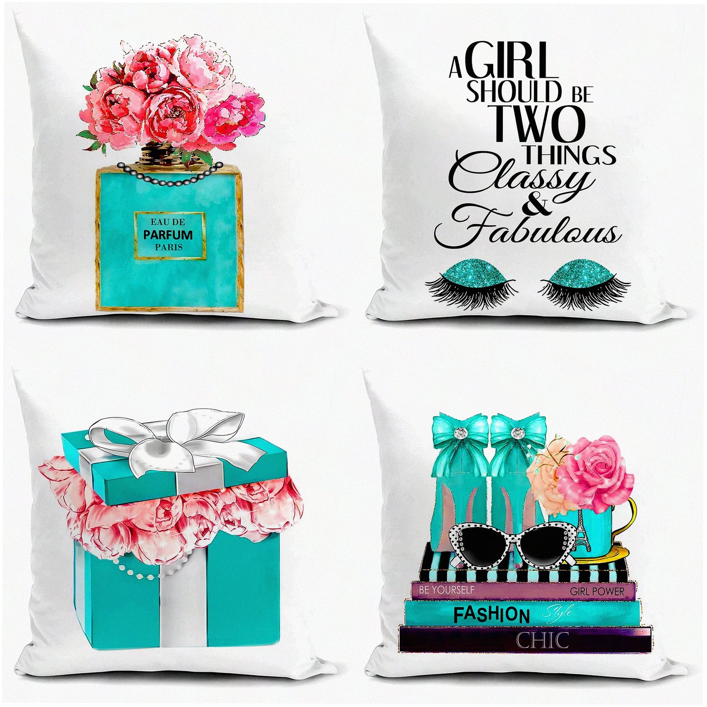 Velvet Teal Flower Perfume Accent Pillow Covers - Set of 4 | Soft Decorative Couch Bed Pillow Covers for Teen Girls Bedroom Decor - 18x18 Cute Fashion Words Lash Pink