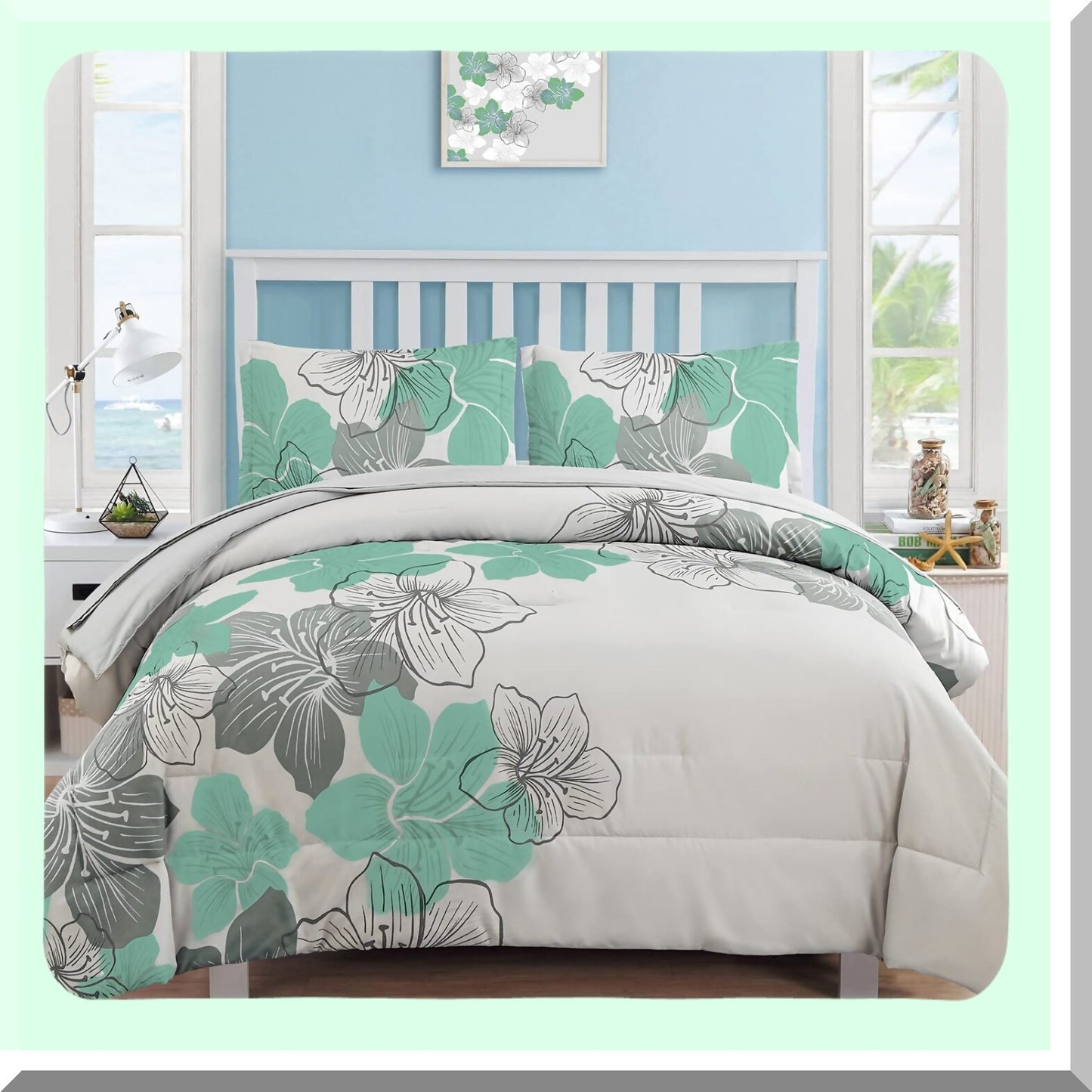 Green Meadow Bliss 7-Piece Floral Comforter Set - Queen Size Bedding Ensemble with Soft Microfiber Fabric - Includes Comforter, Shams, Sheets, Pillowcases - Elegant Green Floral Pattern for a Cozy Night's Sleep
