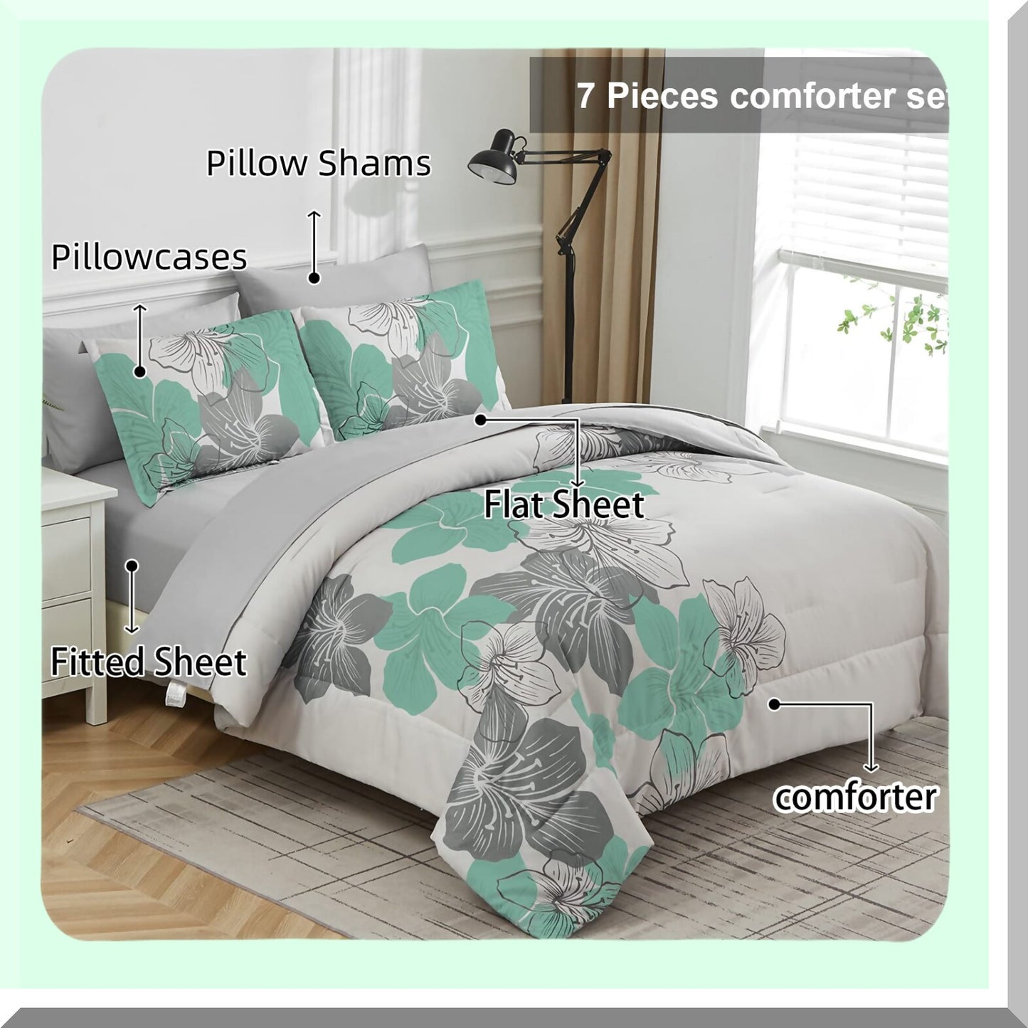 Green Meadow Bliss 7-Piece Floral Comforter Set - Queen Size Bedding Ensemble with Soft Microfiber Fabric - Includes Comforter, Shams, Sheets, Pillowcases - Elegant Green Floral Pattern for a Cozy Night's Sleep