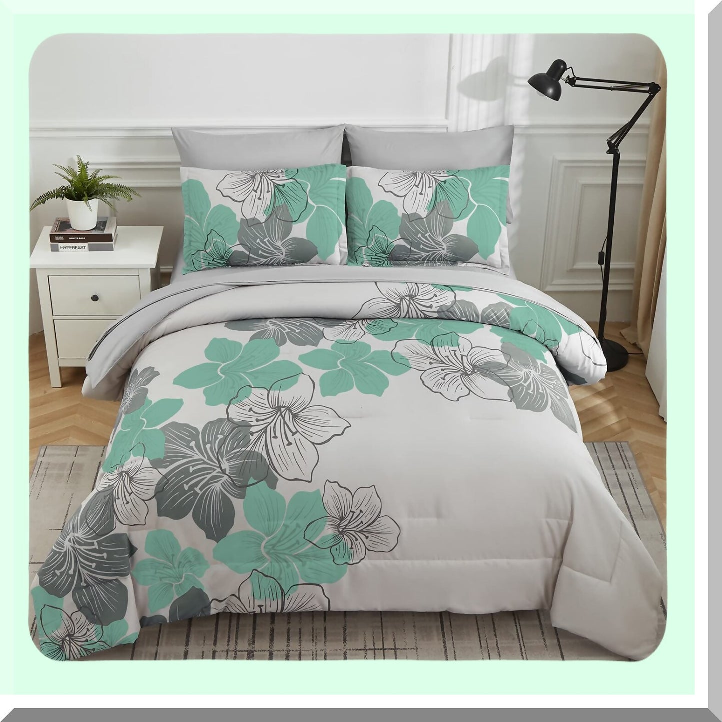 Green Meadow Bliss 7-Piece Floral Comforter Set - Queen Size Bedding Ensemble with Soft Microfiber Fabric - Includes Comforter, Shams, Sheets, Pillowcases - Elegant Green Floral Pattern for a Cozy Night's Sleep