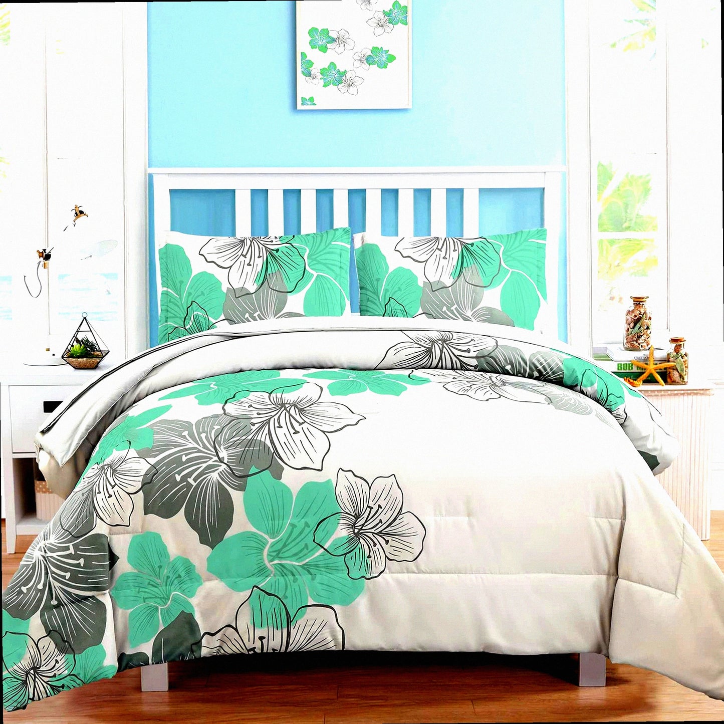 Green Meadow Bliss 7-Piece Floral Comforter Set - Queen Size Bedding Ensemble with Soft Microfiber Fabric - Includes Comforter, Shams, Sheets, Pillowcases - Elegant Green Floral Pattern for a Cozy Night's Sleep