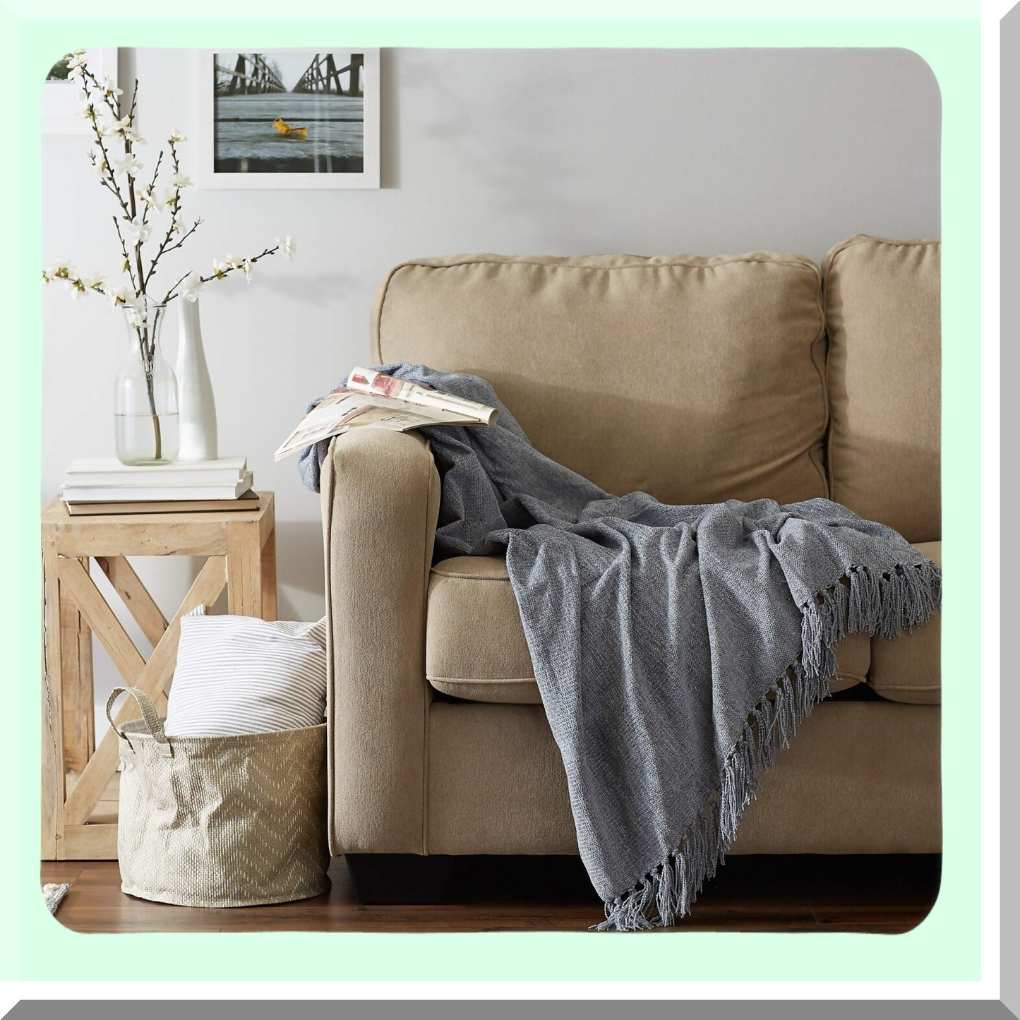 CozyChenille Fringed Throw Blanket - Solid Denim Blue, 50x60