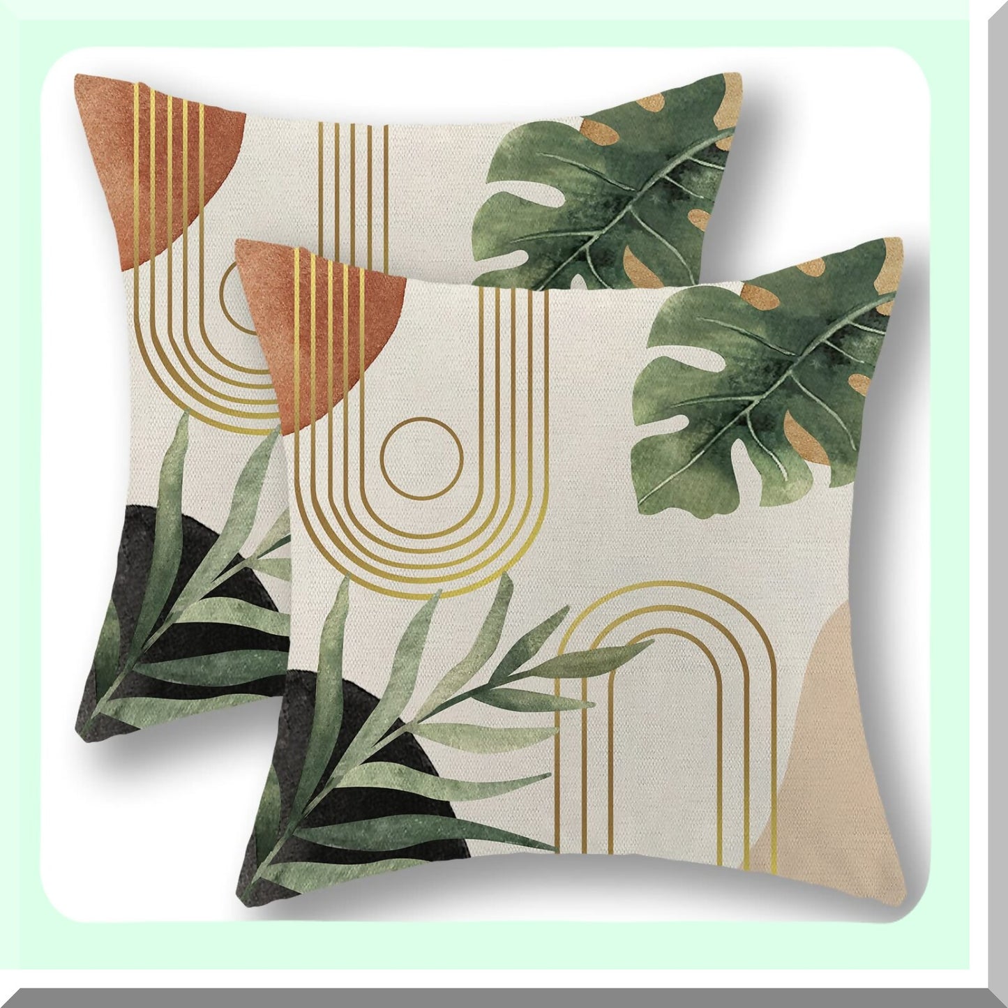 Tropical Leaf Boho Pillow Covers Set - Mid Century Farmhouse Decorative Cushion Case for Couch Sofa - Modern Bohemian Outdoor Decor 18x18 - Green Home Accents