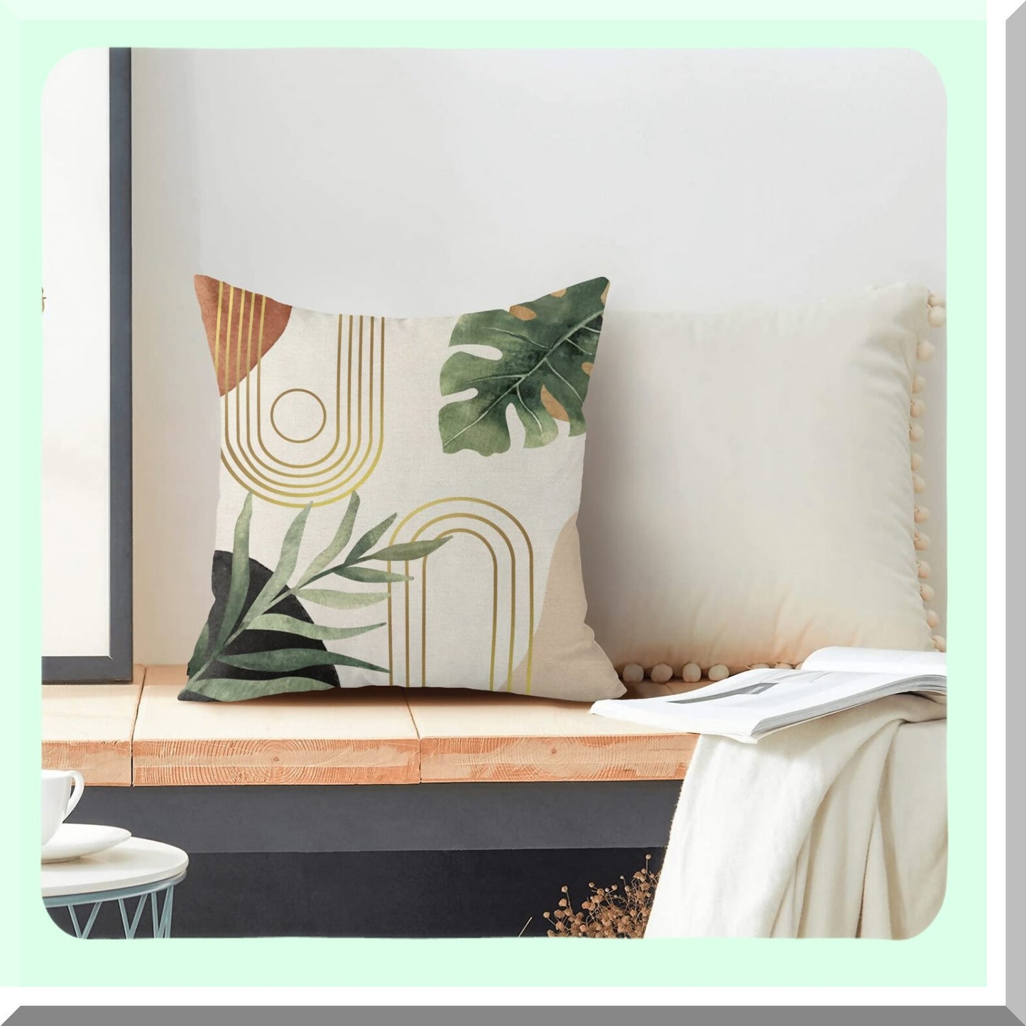 Tropical Leaf Boho Pillow Covers Set - Mid Century Farmhouse Decorative Cushion Case for Couch Sofa - Modern Bohemian Outdoor Decor 18x18 - Green Home Accents