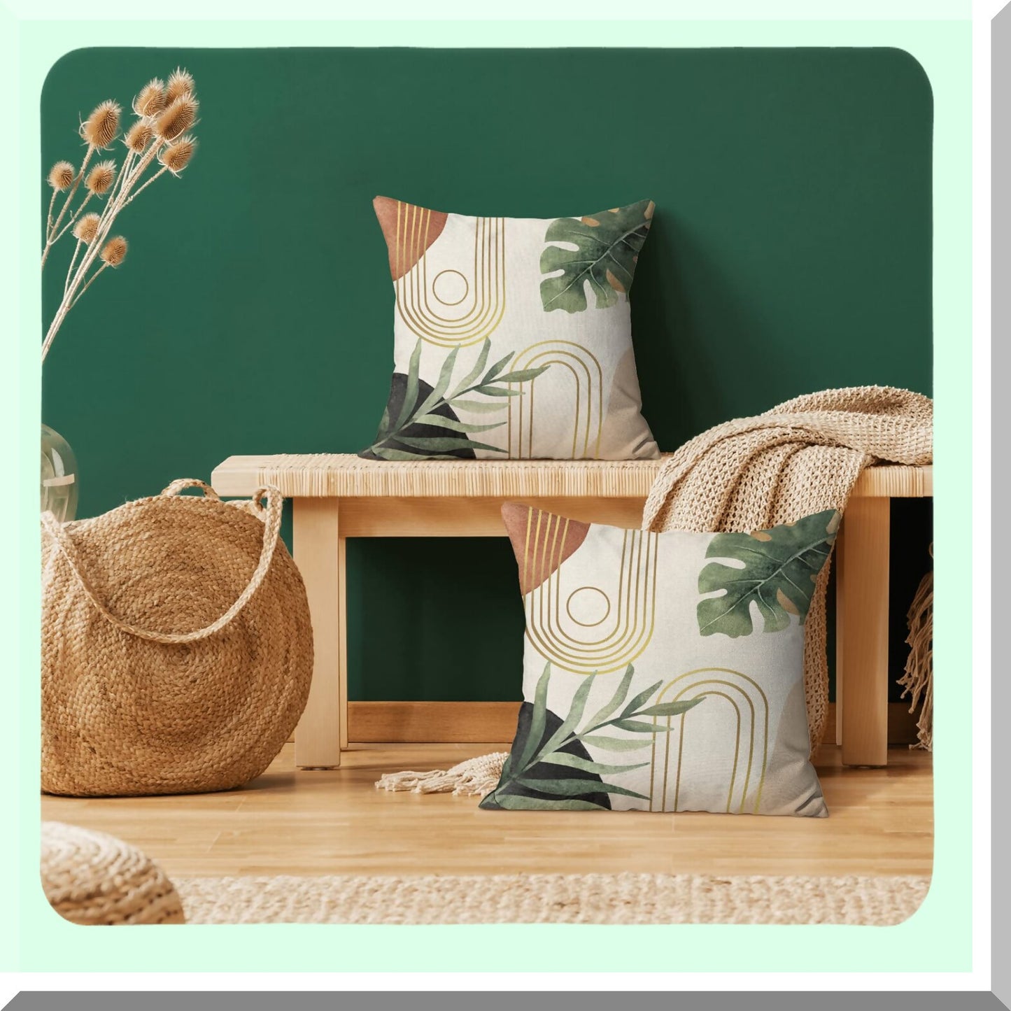 Tropical Leaf Boho Pillow Covers Set - Mid Century Farmhouse Decorative Cushion Case for Couch Sofa - Modern Bohemian Outdoor Decor 18x18 - Green Home Accents